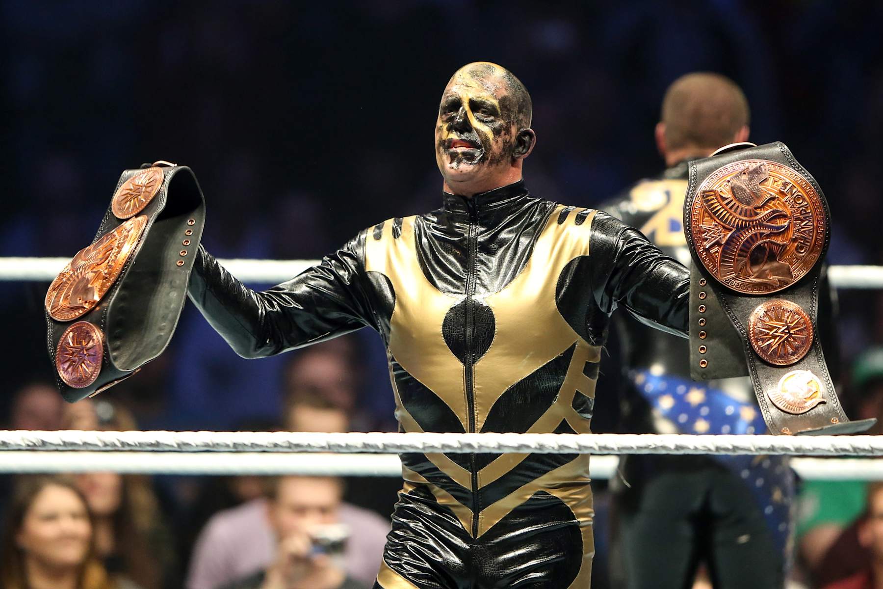 FRANKFURT AM MAIN, GERMANY - NOVEMBER 15: Goldust reacts during WWE Live 2014 at Festhalle on November 15, 2014 in Frankfurt am Main, Germany. (Photo by Simon Hofmann/Bongarts/Getty Images)