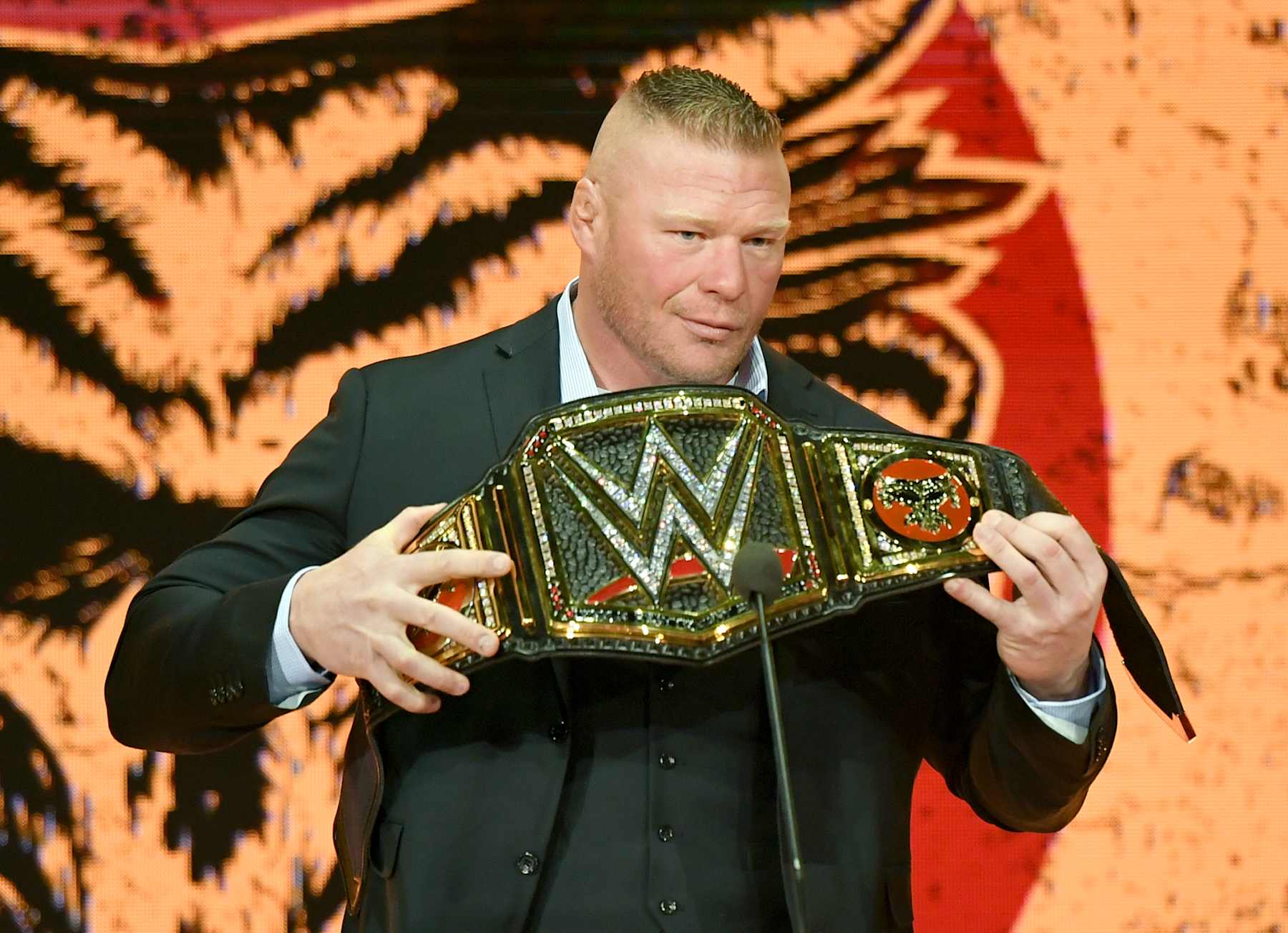 LAS VEGAS, NEVADA - OCTOBER 11: WWE champion Brock Lesnar is introduced at a WWE news conference at T-Mobile Arena on October 11, 2019 in Las Vegas, Nevada. Lesnar will face former UFC heavyweight champion Cain Velasquez and WWE wrestler Braun Strowman will take on heavyweight boxer Tyson Fury at the WWE's Crown Jewel event at Fahd International Stadium in Riyadh, Saudi Arabia on October 31. (Photo by Ethan Miller/Getty Images)