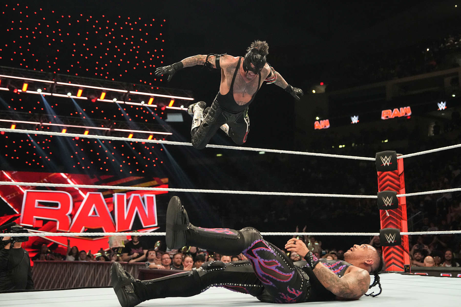 HERSHEY, PENNSYLVANIA - JUNE 03: Rey Mysterio with a big splash on Damian Priest during Monday Night RAW at Giant Center on June 3, 2024 in Hershey, Pennsylvania. (Photo by WWE/Getty Images)