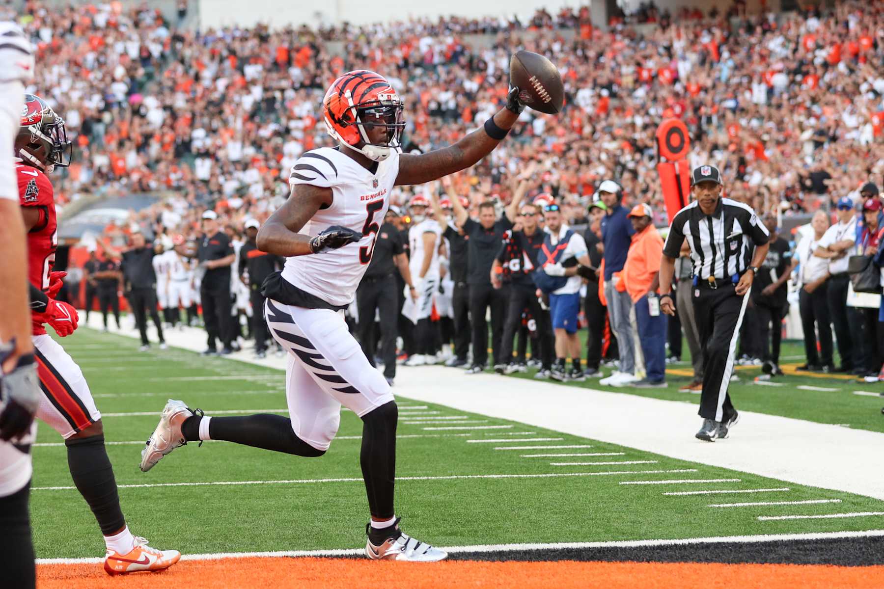 CINCINNATI, OH - AUGUST 10: Cincinnati Bengals wide receiver Tee Higgins (5) scores a touchdown during the preseason game against the against the Tampa Bay Buccaneers and the Cincinnati Bengals on August 10, 2024, at Paycor Stadium in Cincinnati, OH. (Photo by Ian Johnson/Icon Sportswire via Getty Images)