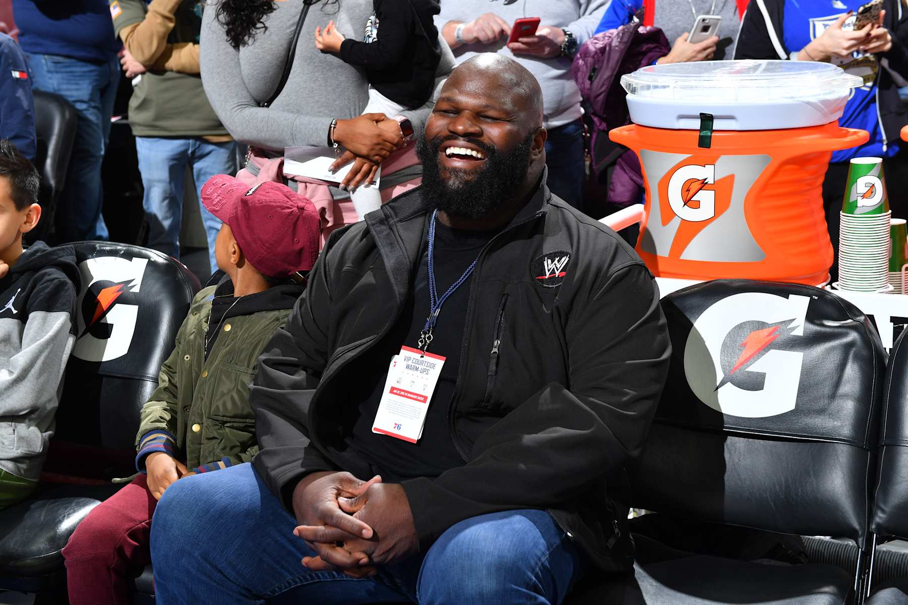 PHILADELPHIA,PA - JANUARY 20 : WWE Professional wrestler and Powerlifter Mark Henry looks on prior to the Philadelphia 76ers against the Milwaukee Bucks at Wells Fargo Center on January 20, 2018 in Philadelphia, Pennsylvania NOTE TO USER: User expressly acknowledges and agrees that, by downloading and/or using this Photograph, user is consenting to the terms and conditions of the Getty Images License Agreement. Mandatory Copyright Notice: Copyright 2018 NBAE (Photo by Jesse D. Garrabrant/NBAE via Getty Images)