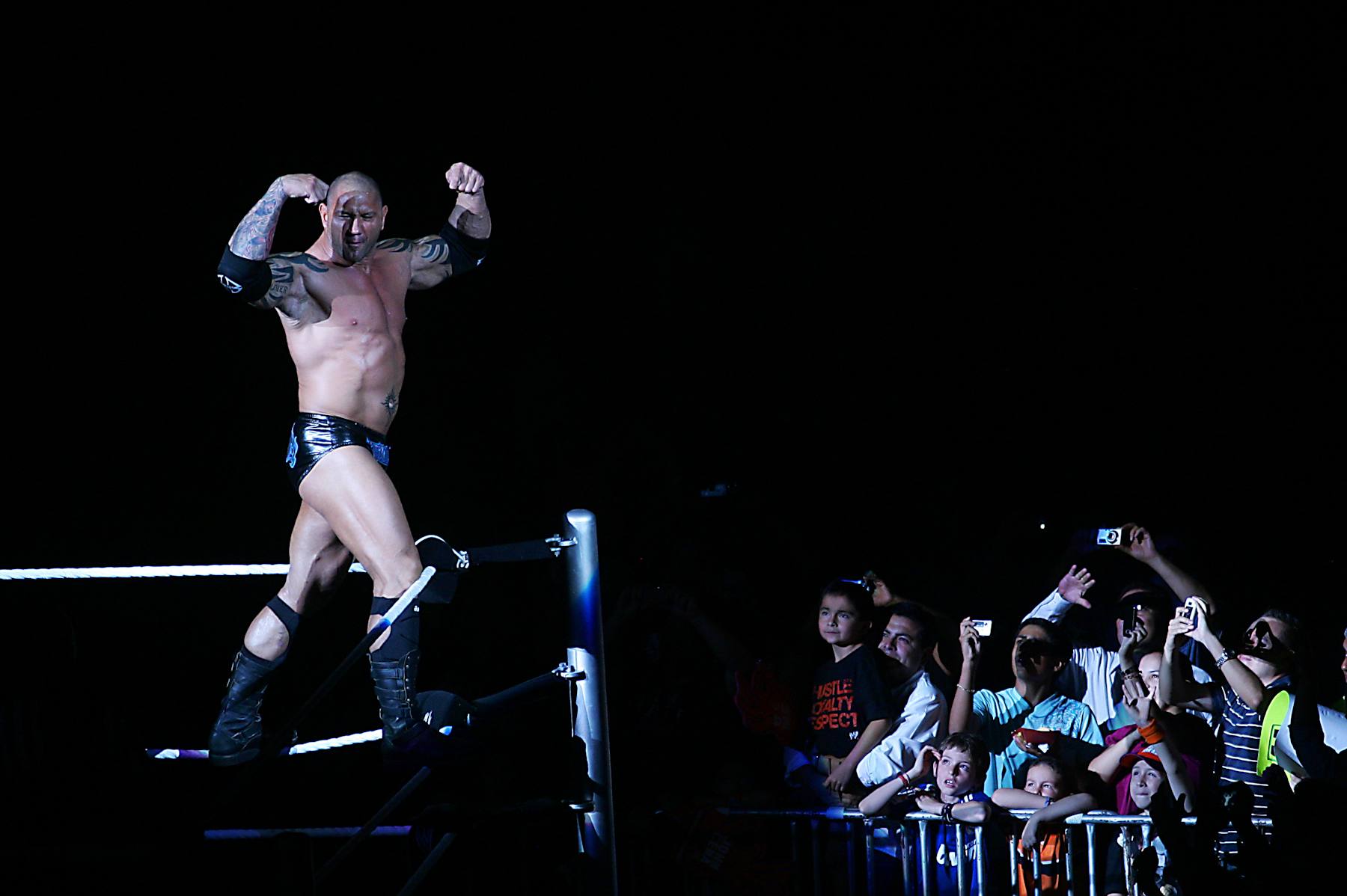 MONTERREY, MEXICO - MAY 05: Wrestling fighter Batista greets the audience during the WWE RAW wrestling function at Arena Monterrey on May 5, 2010 in Monterrey, Mexico. (Photo by Alfredo Lopez/Jam Media/LatinContent via Getty Images)