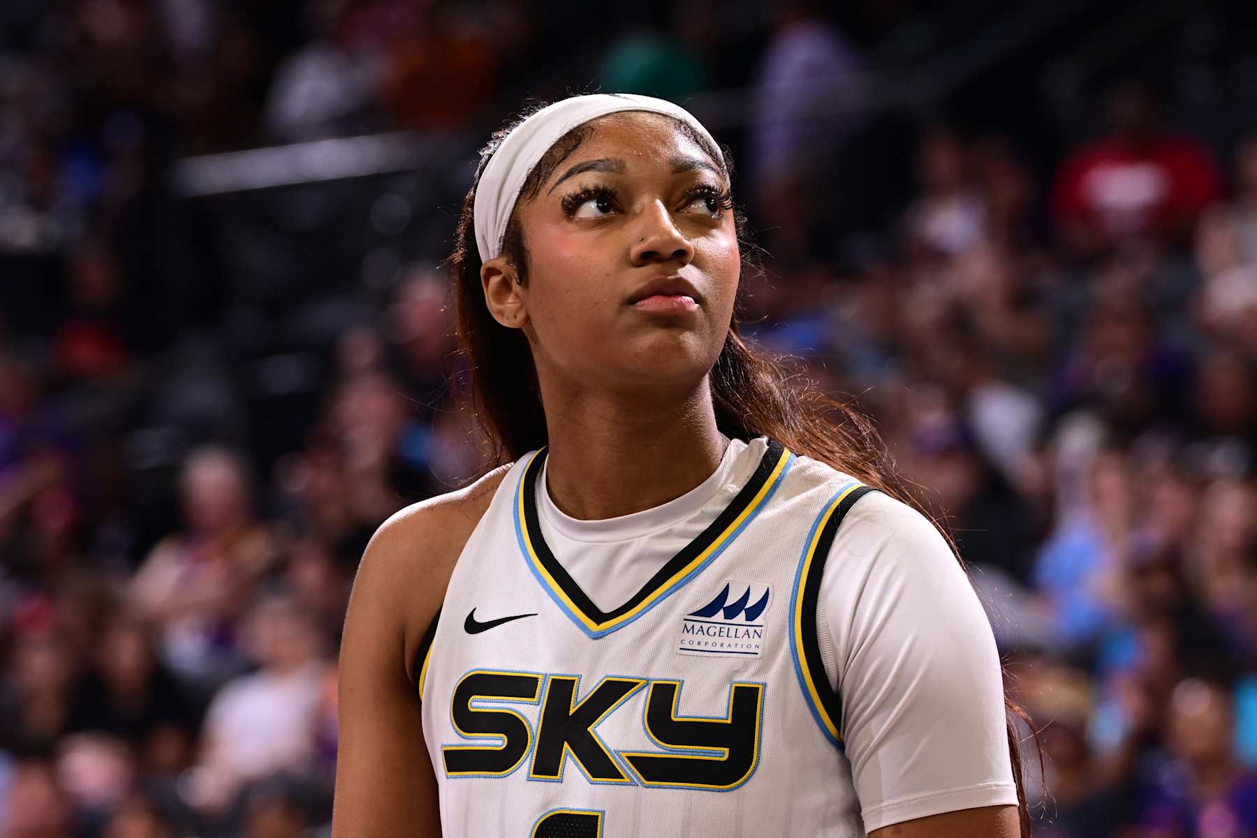 PHOENIX, AZ - AUGUST 18: Angel Reese #5 of the Chicago Sky looks on during the game against the Phoenix Mercury on August 18, 2024 at Footprint Center in Phoenix, Arizona. NOTE TO USER: User expressly acknowledges and agrees that, by downloading and or using this photograph, user is consenting to the terms and conditions of the Getty Images License Agreement. Mandatory Copyright Notice: Copyright 2024 NBAE (Photo by Kate Frese/NBAE via Getty Images)
