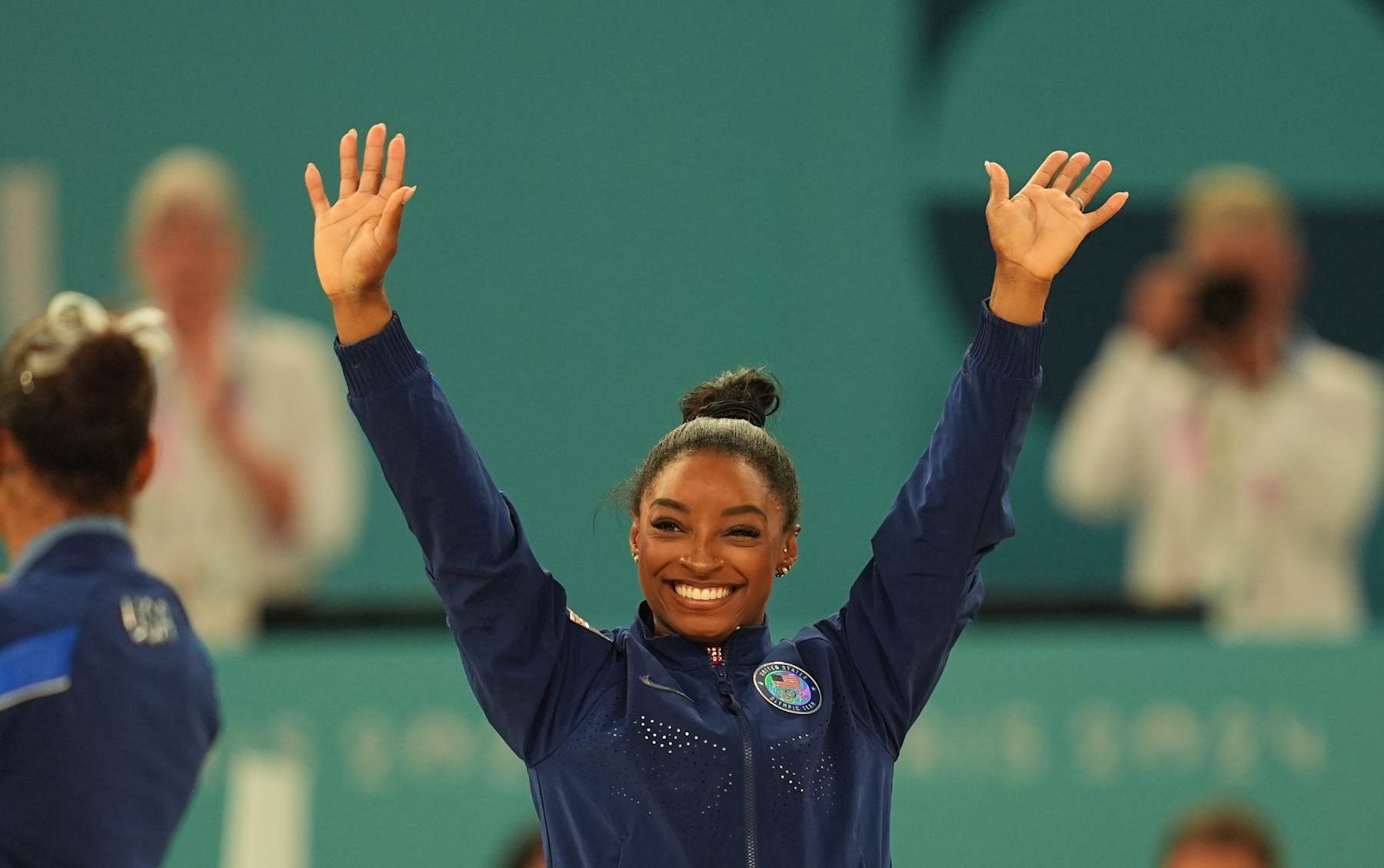 Simone Biles of USA wins silver during the Women's Artistic Gymnastics floor final on Day 10 of the Olympic Games Paris 2024 at Bercy Arena on August 5, 2024 in Paris, France. (Photo by Ulrik Pedersen/DeFodi Images via Getty Images)