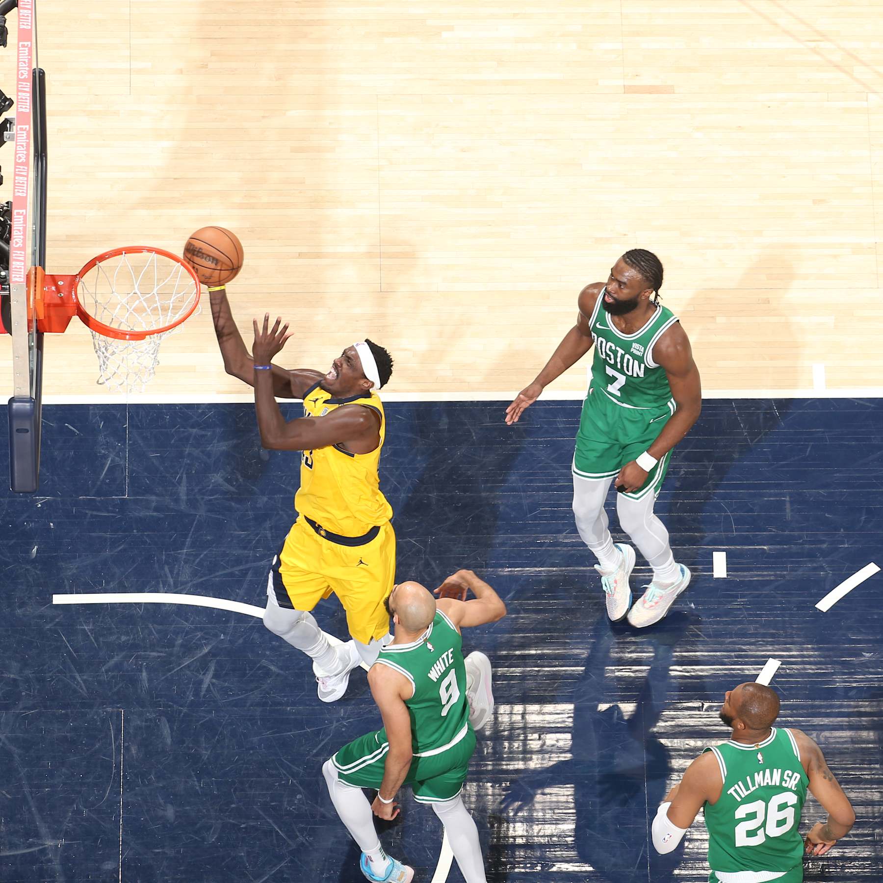 INDIANAPOLIS, IN - MAY 27: Pascal Siakam #43 of the Indiana Pacers drives to the basket during the game against the Boston Celtics during Game 4 of the Eastern Conference Finals of the 2024 NBA Playoffs on May 27, 2024 at Gainbridge Fieldhouse in Indianapolis, Indiana. NOTE TO USER: User expressly acknowledges and agrees that, by downloading and or using this Photograph, user is consenting to the terms and conditions of the Getty Images License Agreement. Mandatory Copyright Notice: Copyright 2024 NBAE (Photo by Nathaniel S. Butler/NBAE via Getty Images)