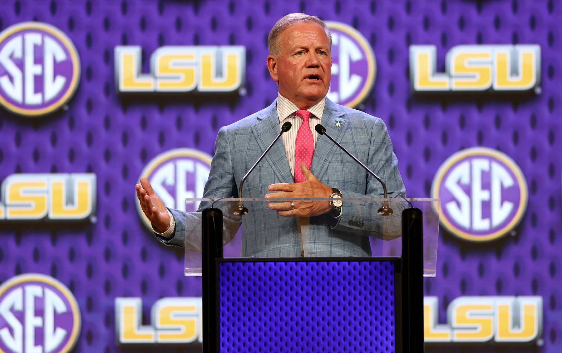 DALLAS, TEXAS - JULY 15: LSU head coach Brian Kelly speaks during SEC Football Media Days at Omni Dallas Hotel on July 15, 2024 in Dallas, Texas.  (Photo by Tim Warner/Getty Images)