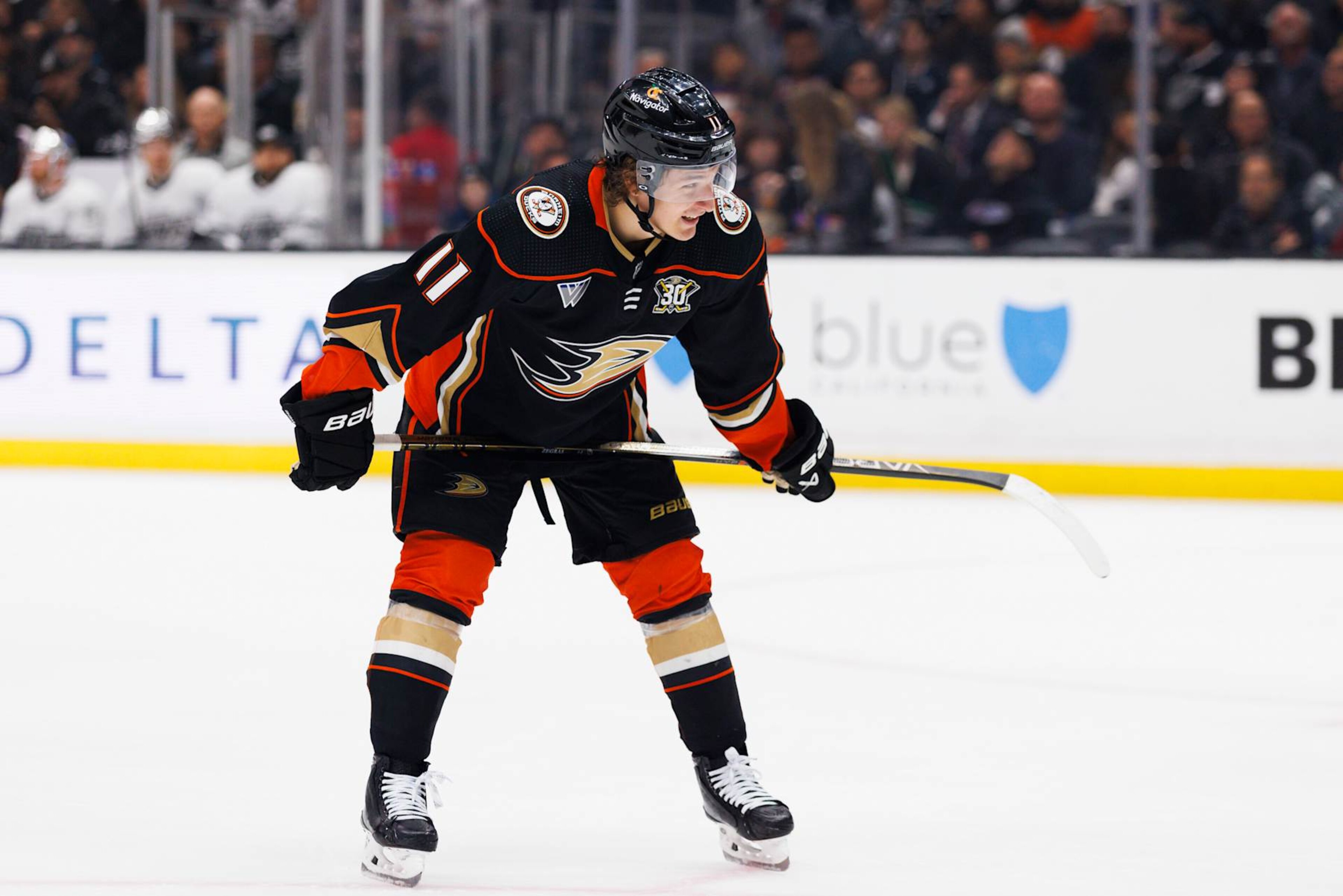 LOS ANGELES, CA - APRIL 13: Anaheim Ducks center Trevor Zegras (11) during an NHL game against the Los Angeles Kings on April 13, 2024 at Crypto.com Arena in Los Angeles, CA. (Photo by Ric Tapia/Icon Sportswire via Getty Images) LOS ANGELES, CA - APRIL 13: Anaheim Ducks center Trevor Zegras (11) during an NHL game against the Los Angeles Kings on April 13, 2024 at Crypto.com Arena in Los Angeles, CA. (Photo by Ric Tapia/Icon Sportswire via Getty Images)