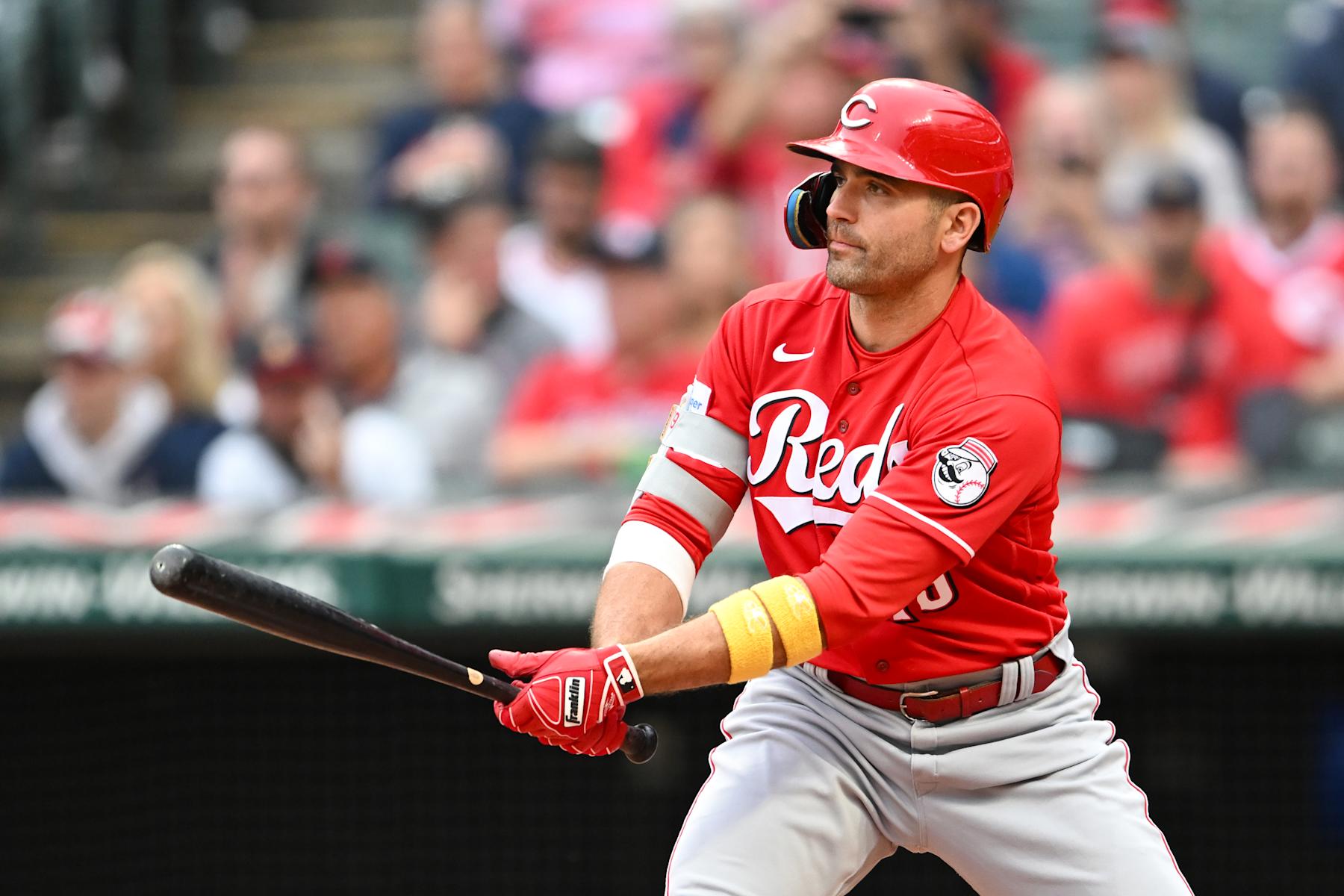 CLEVELAND, OHIO - SEPTEMBER 26, 2023: Joey Votto #19 of the Cincinnati Reds bats during the second inning against the Cleveland Guardians at Progressive Field on September 26, 2023 in Cleveland, Ohio. (Photo by Nick Cammett/Diamond Images via Getty Images)