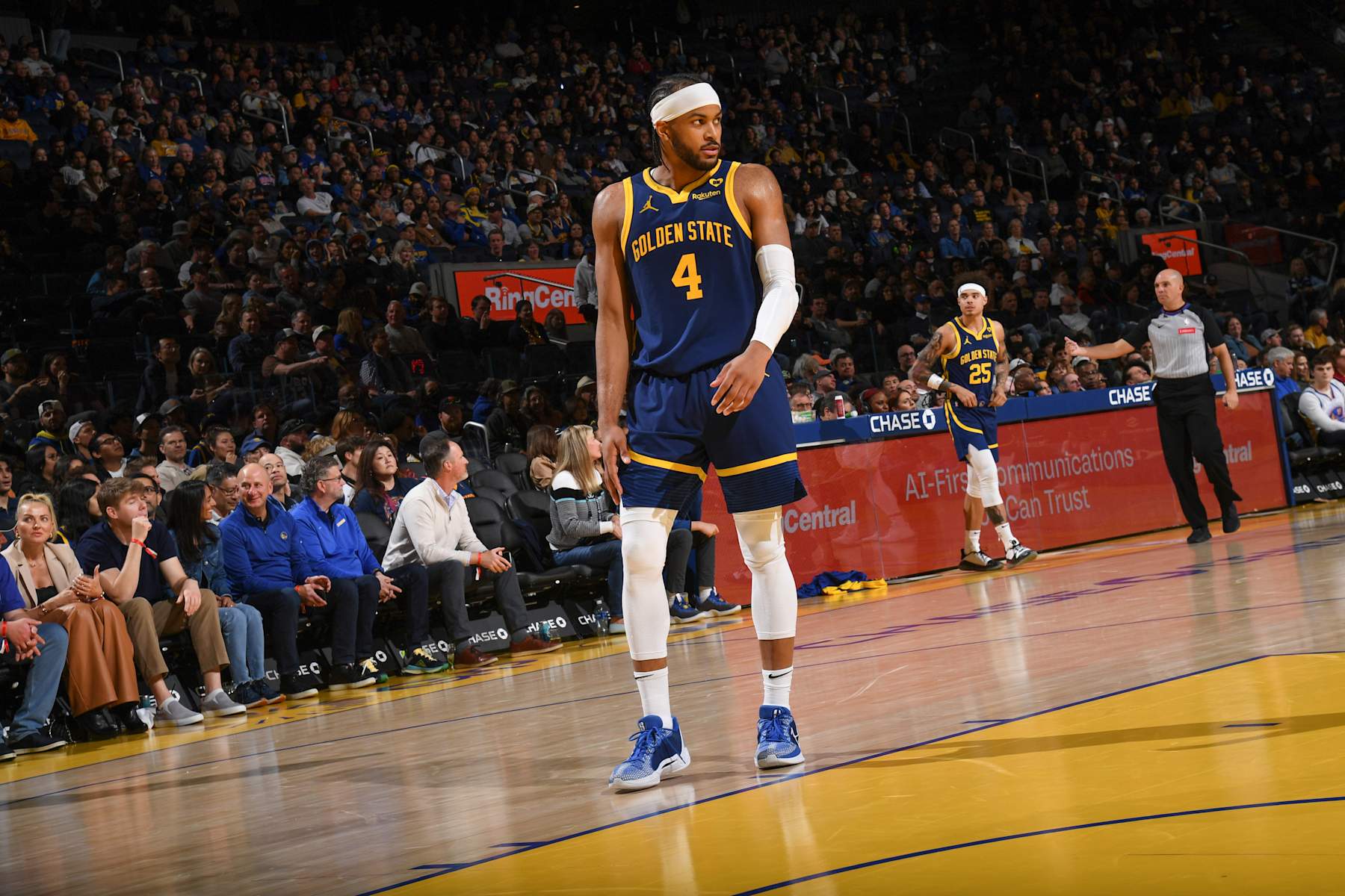 SAN FRANCISCO, CA - APRIL 7:  Moses Moody #4 of the Golden State Warriors looks on during the game on April 7, 2024 at Chase Center in San Francisco, California. NOTE TO USER: User expressly acknowledges and agrees that, by downloading and or using this photograph, user is consenting to the terms and conditions of Getty Images License Agreement. Mandatory Copyright Notice: Copyright 2024 NBAE (Photo by Noah Graham/NBAE via Getty Images)