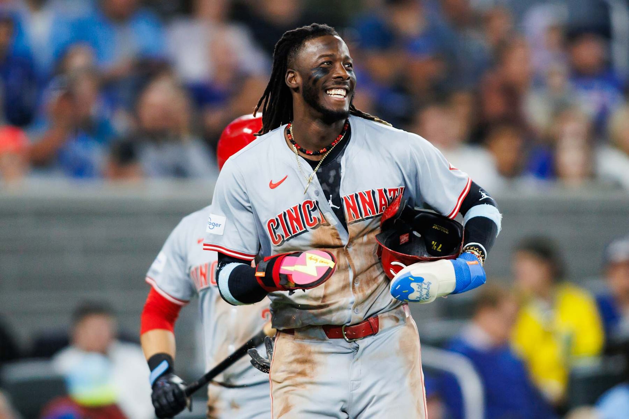 TORONTO, CANADA - AUGUST 21: Elly De La Cruz #44 of the Cincinnati Reds celebrates scoring against the Toronto Blue Jays on a fielder's choice off the bat of Tyler Stephenson in the fifth inning at Rogers Centre on August 21, 2024 in Toronto, Ontario, Canada. (Photo by Cole Burston/Getty Images) TORONTO, CANADA - AUGUST 21: Elly De La Cruz #44 of the Cincinnati Reds celebrates scoring against the Toronto Blue Jays on a fielder's choice off the bat of Tyler Stephenson in the fifth inning at Rogers Centre on August 21, 2024 in Toronto, Ontario, Canada. (Photo by Cole Burston/Getty Images)
