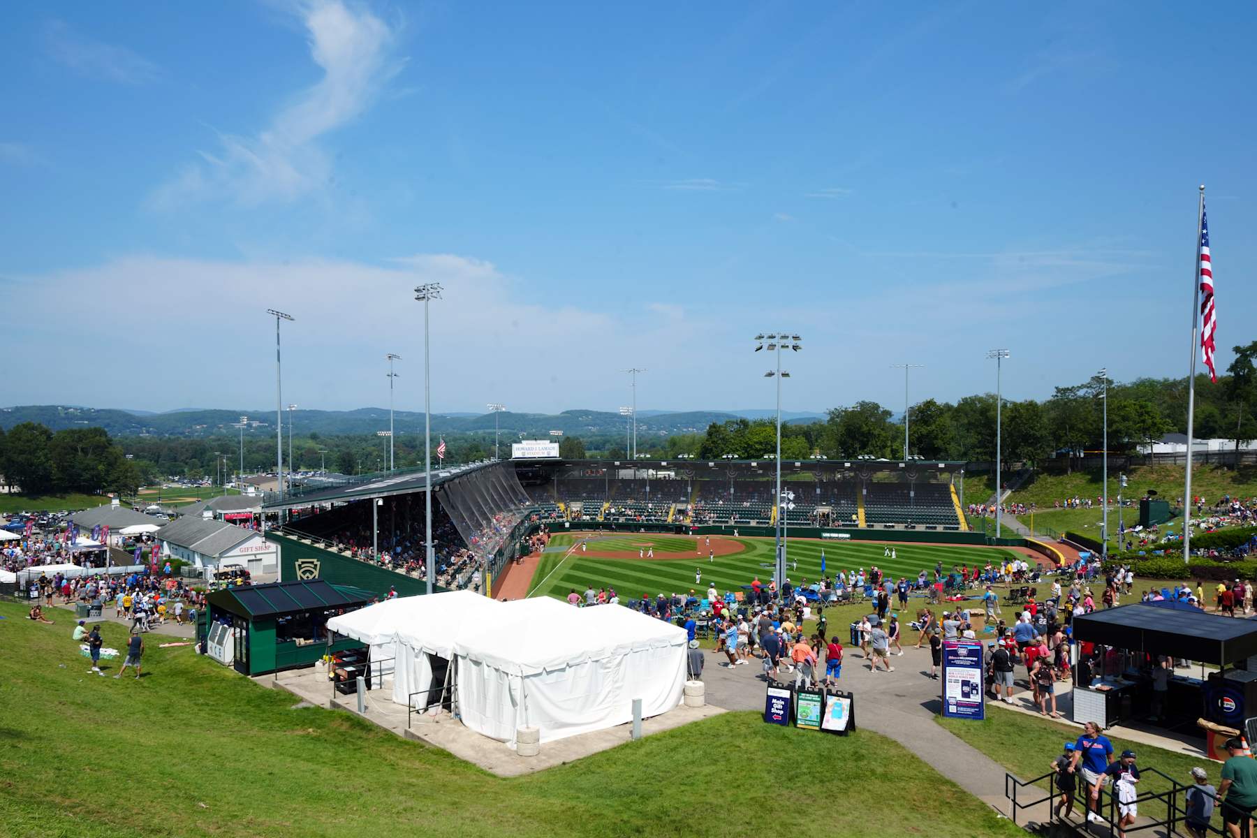 SOUTH WILLIAMSPORT,  - AUGUST 20:  A general view of Lamade Stadium from the hill before the game between the Philadelphia Phillies and the Washington Nationals at Muncy Bank Ballpark at Historic Bowman Field on Sunday, August 20, 2023 in South Williamsport, Pennsylvania. (Photo by Mary DeCicco/MLB Photos via Getty Images)