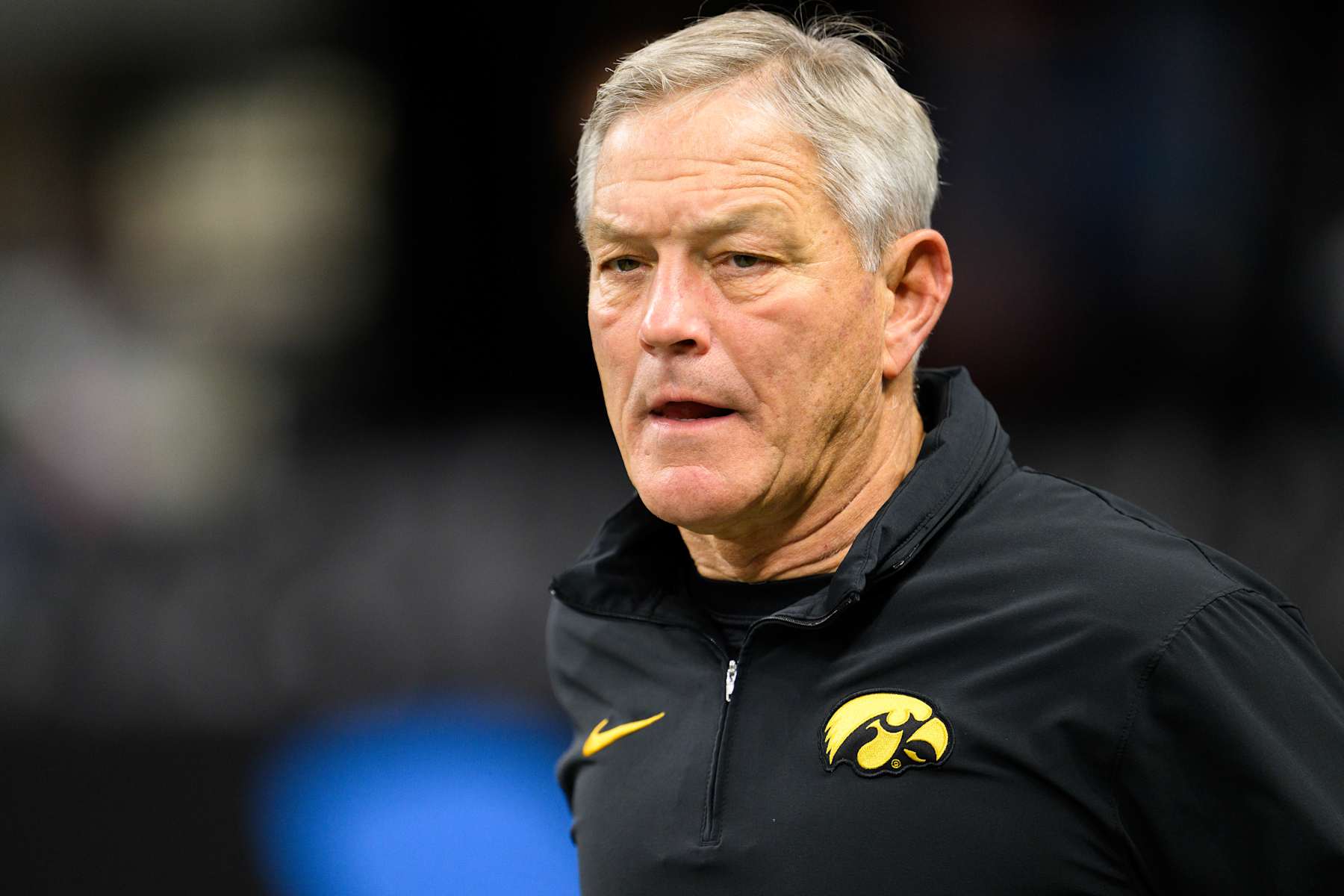 INDIANAPOLIS, IN - DECEMBER 02: Iowa Hawkeyes head coach Kirk Ferentz on the sidelines during the Big 10 Championship game between the Michigan Wolverines and Iowa Hawkeyes on December 2, 2023, at Lucas Oil Stadium in Indianapolis, IN. (Photo by Zach Bolinger/Icon Sportswire via Getty Images)