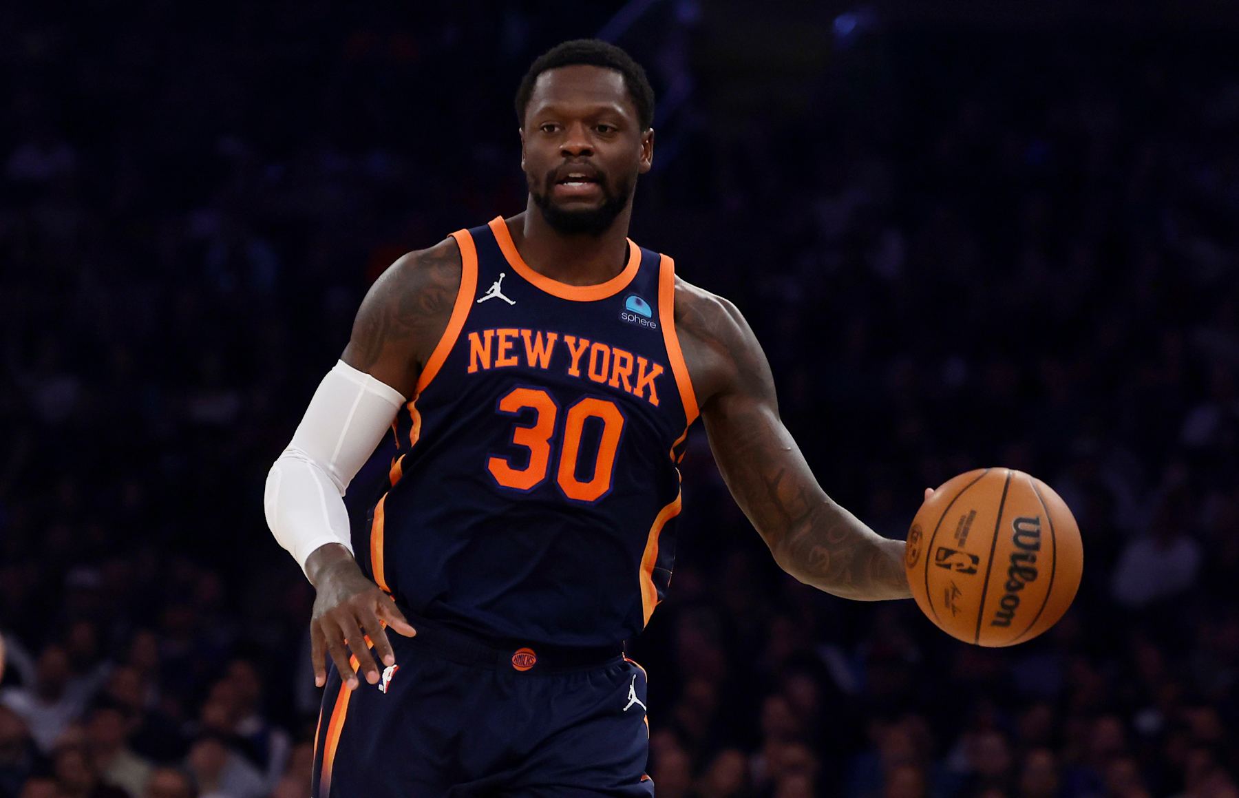 NEW YORK, NEW YORK - JANUARY 25: (NEW YORK DAILIES OUT)  Julius Randle #30 of the New York Knicks in action against the Denver Nuggets at Madison Square Garden on January 25, 2024 in New York City. The Knicks defeated the Nuggets 122-84.  NOTE TO USER: User expressly acknowledges and agrees that, by downloading and or using this photograph, User is consenting to the terms and conditions of the Getty Images License Agreement. (Photo by Jim McIsaac/Getty Images)