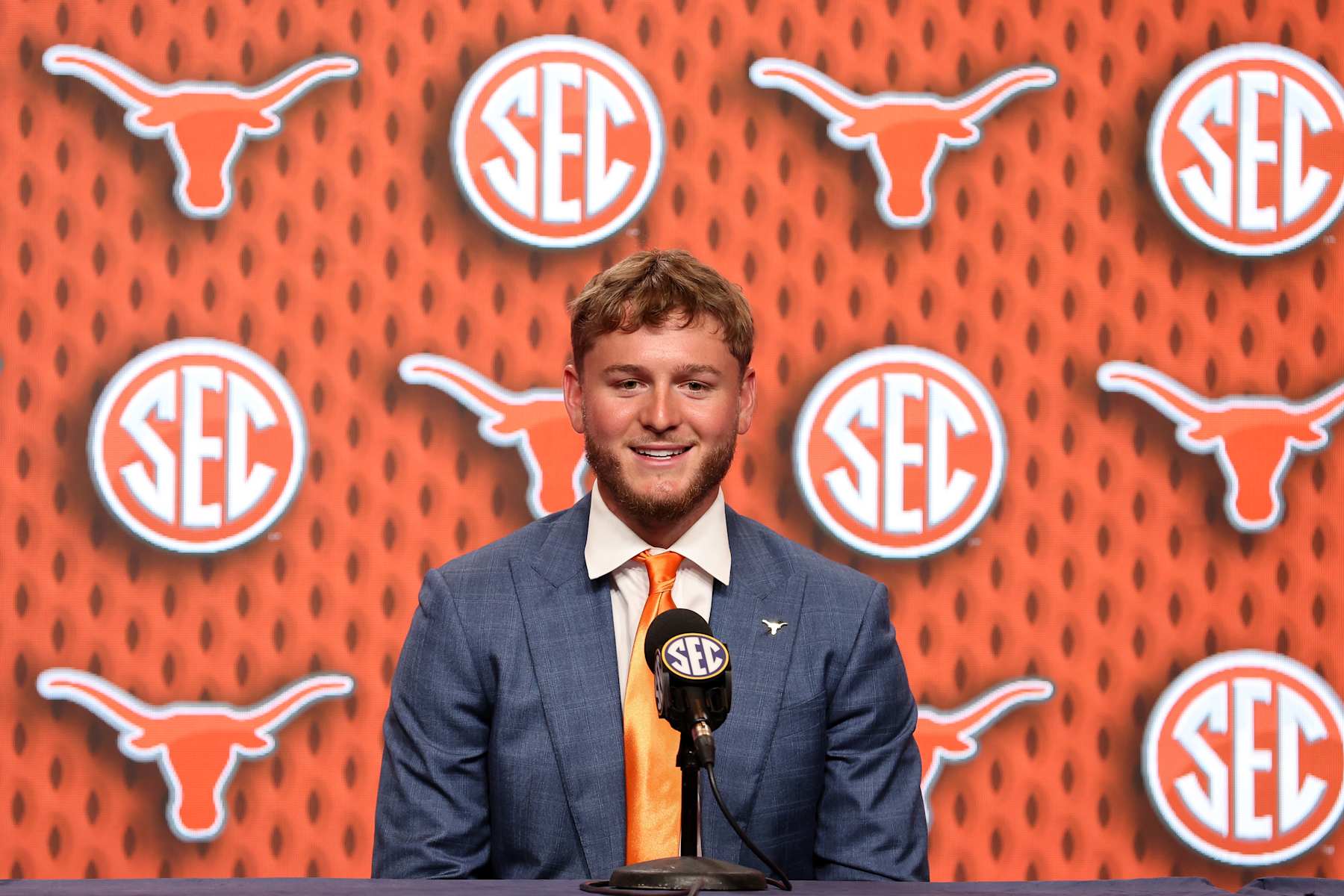 DALLAS, TEXAS - JULY 17: Quinn Ewers of the Texas Longhorns speaks during SEC Football Media Days at Omni Dallas Hotel on July 17, 2024 in Dallas, Texas. (Photo by Tim Warner/Getty Images)