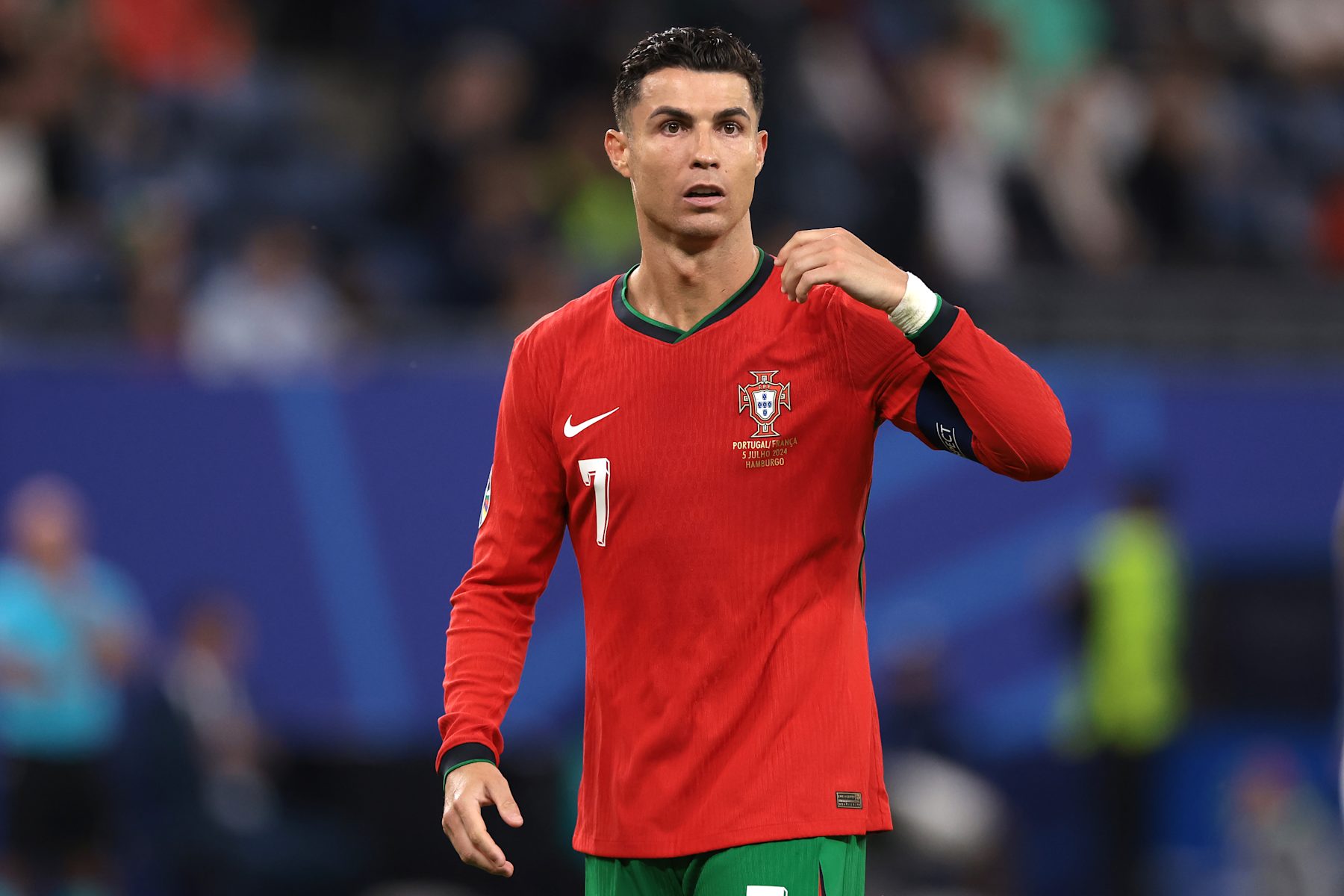 HAMBURG, GERMANY - JULY 05: Cristiano Ronaldo of Portugal reacts during the UEFA EURO 2024 quarter-final match between Portugal and France at Volksparkstadion on July 05, 2024 in Hamburg, Germany. (Photo by Jonathan Moscrop/Getty Images)