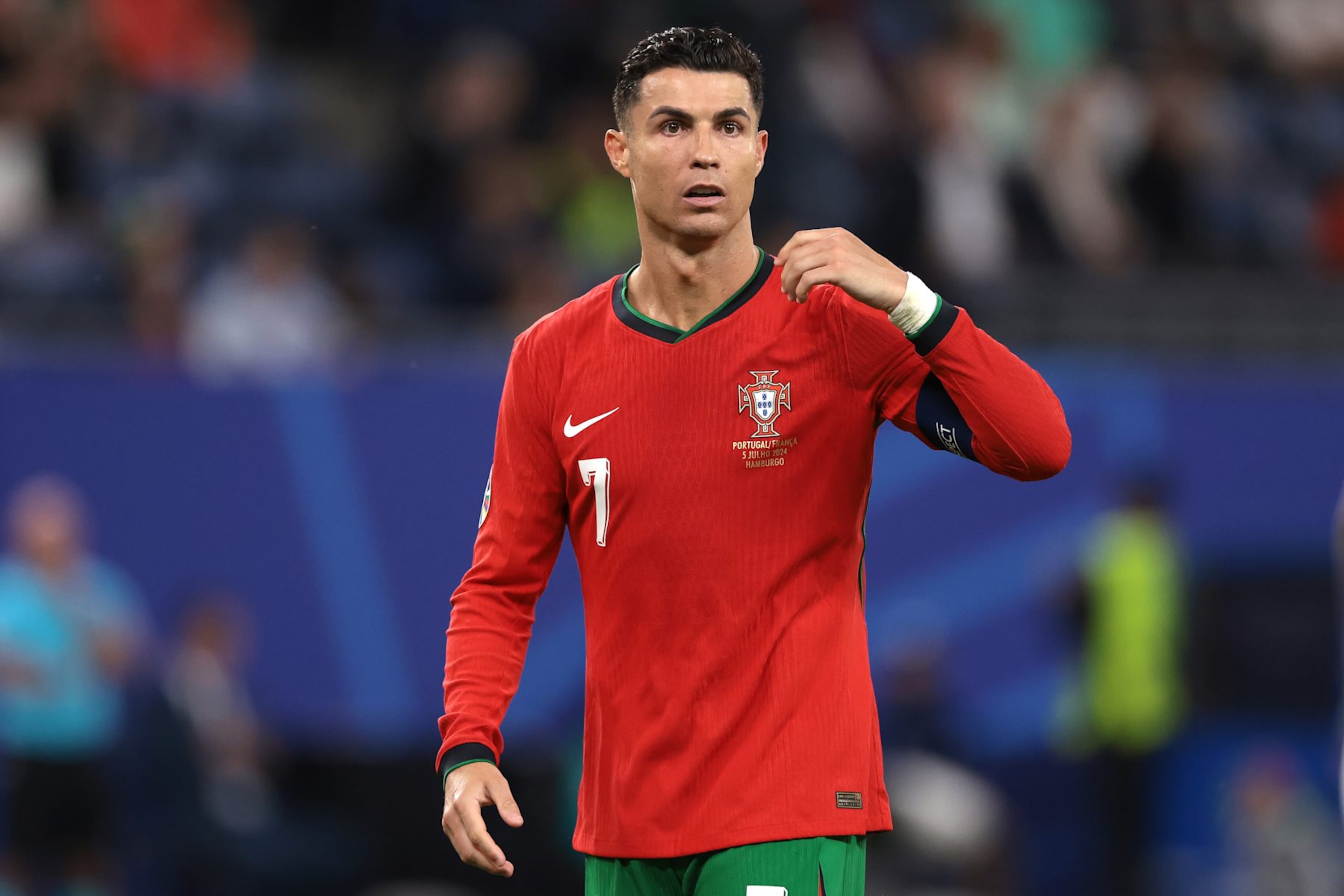 HAMBURG, GERMANY - JULY 05: Cristiano Ronaldo of Portugal reacts during the UEFA EURO 2024 quarter-final match between Portugal and France at Volksparkstadion on July 05, 2024 in Hamburg, Germany. (Photo by Jonathan Moscrop/Getty Images)