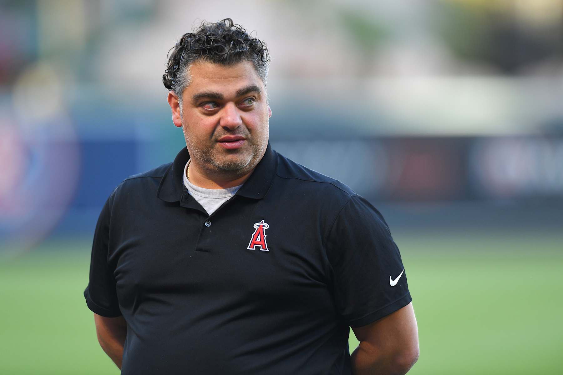 ANAHEIM, CA - SEPTEMBER 26: Los Angeles Angels of Anaheim general manager Perry Minasian looks on before during the MLB game between the Texas Rangers and the Los Angeles Angels of Anaheim on September 26, 2023 at Angel Stadium of Anaheim in Anaheim, CA. (Photo by Brian Rothmuller/Icon Sportswire via Getty Images)