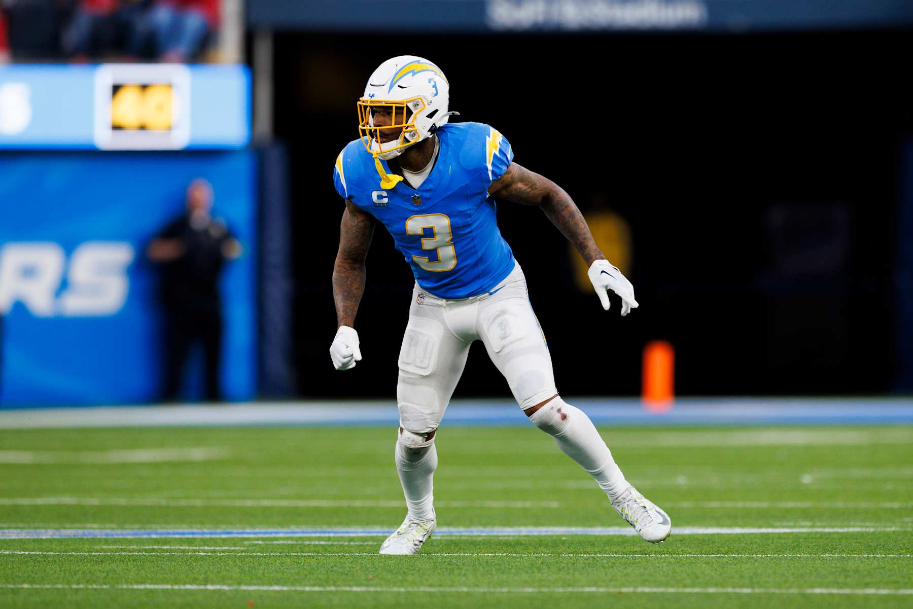 INGLEWOOD, CALIFORNIA - JANUARY 7: Derwin James Jr. #3 of the Los Angeles Chargers defends in coverage during a game against the Kansas City Chiefs at SoFi Stadium on January 7, 2024 in Inglewood, California. (Photo by Ric Tapia/Getty Images)