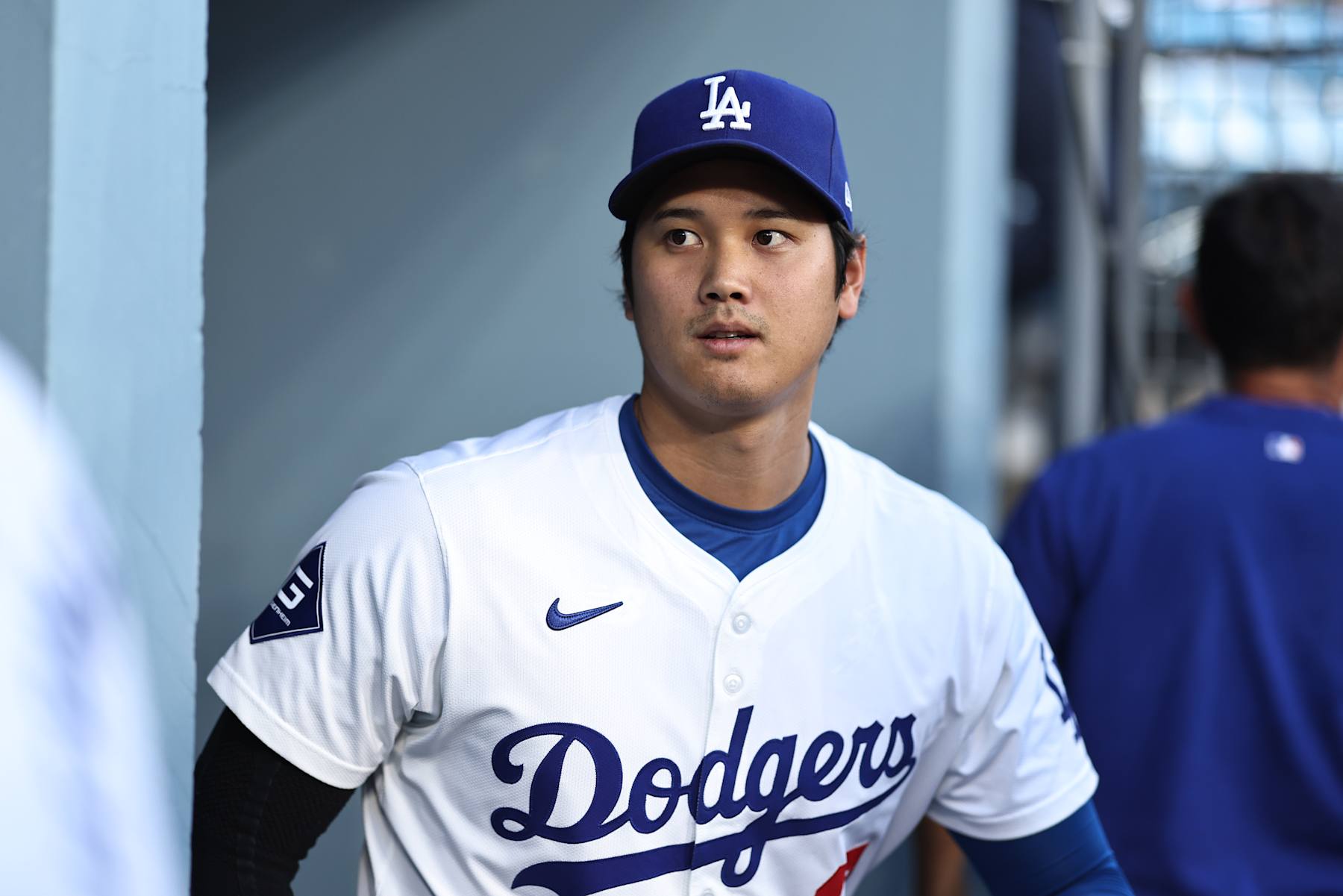 LOS ANGELES, CA - AUGUST 21: Shohei Ohtani #17 of the Los Angeles Dodgers looks on prior to the game between the Seattle Mariners and the Los Angeles Dodgers at Dodger Stadium on Wednesday, August 21, 2024 in Los Angeles, California. (Photo by Michael Owens/MLB Photos via Getty Images)