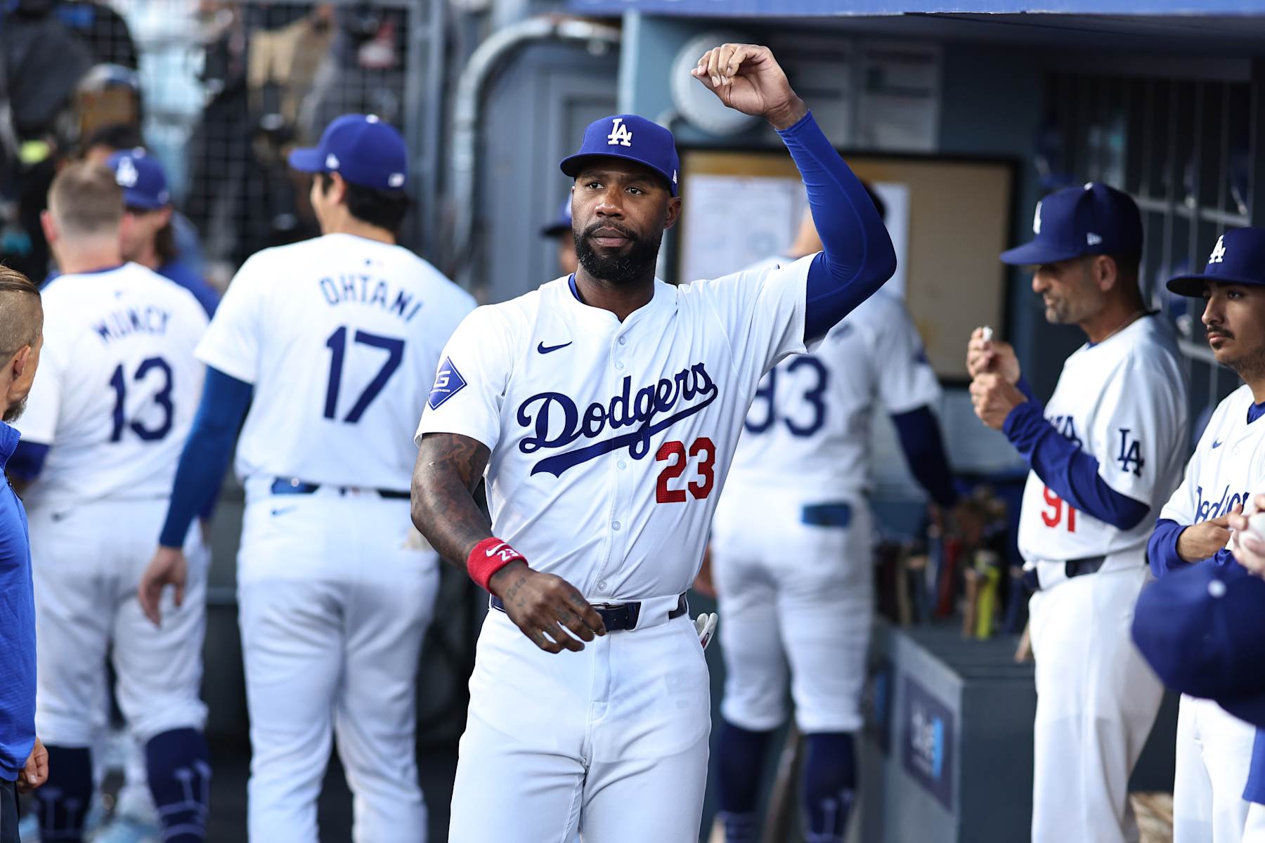 LOS ANGELES, CA - AUGUST 21: Jason Heyward #23 of the Los Angeles Dodgers looks on in the dugout prior to the game between the Seattle Mariners and the Los Angeles Dodgers at Dodger Stadium on Wednesday, August 21, 2024 in Los Angeles, California. (Photo by Michael Owens/MLB Photos via Getty Images)