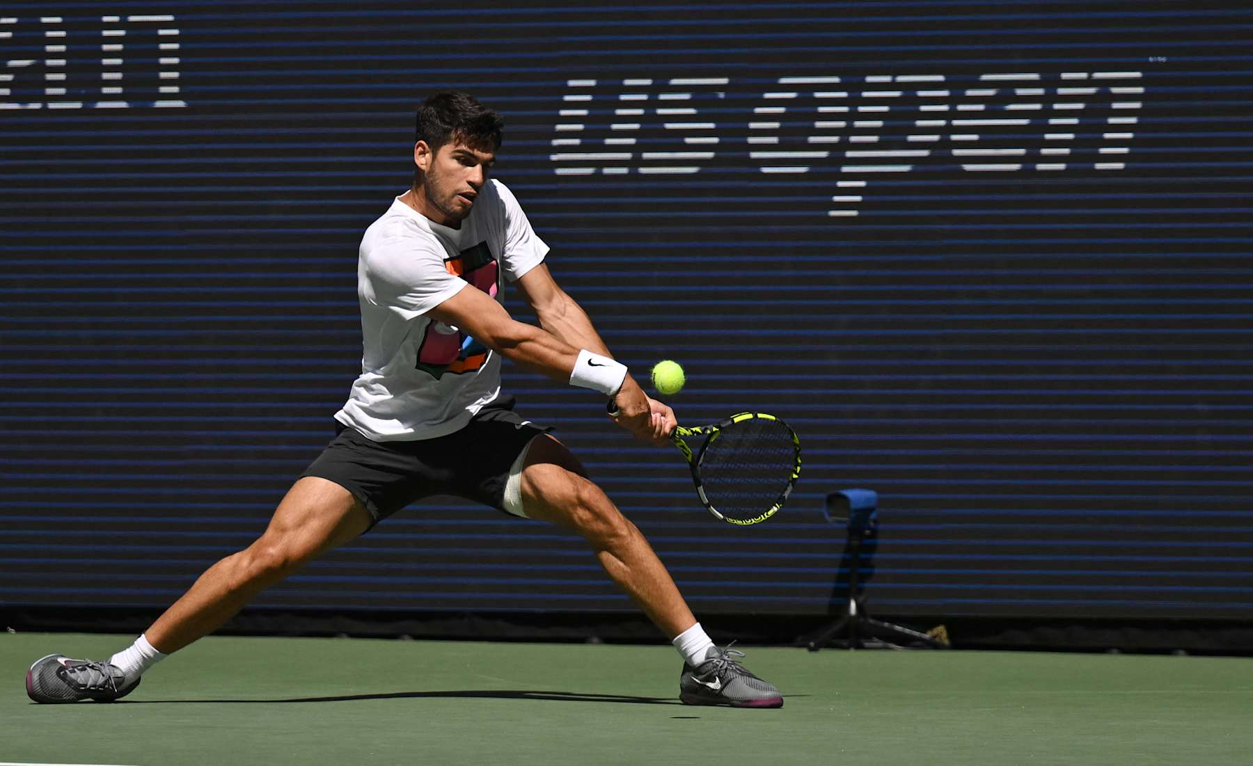Carlos Alcaraz of Spain practices on August 22, 2024, ahead of the 2024 US Tennis Open at the USTA Billie Jean King National Tennis Center in New York. (Photo by TIMOTHY A. CLARY / AFP) (Photo by TIMOTHY A. CLARY/AFP via Getty Images)