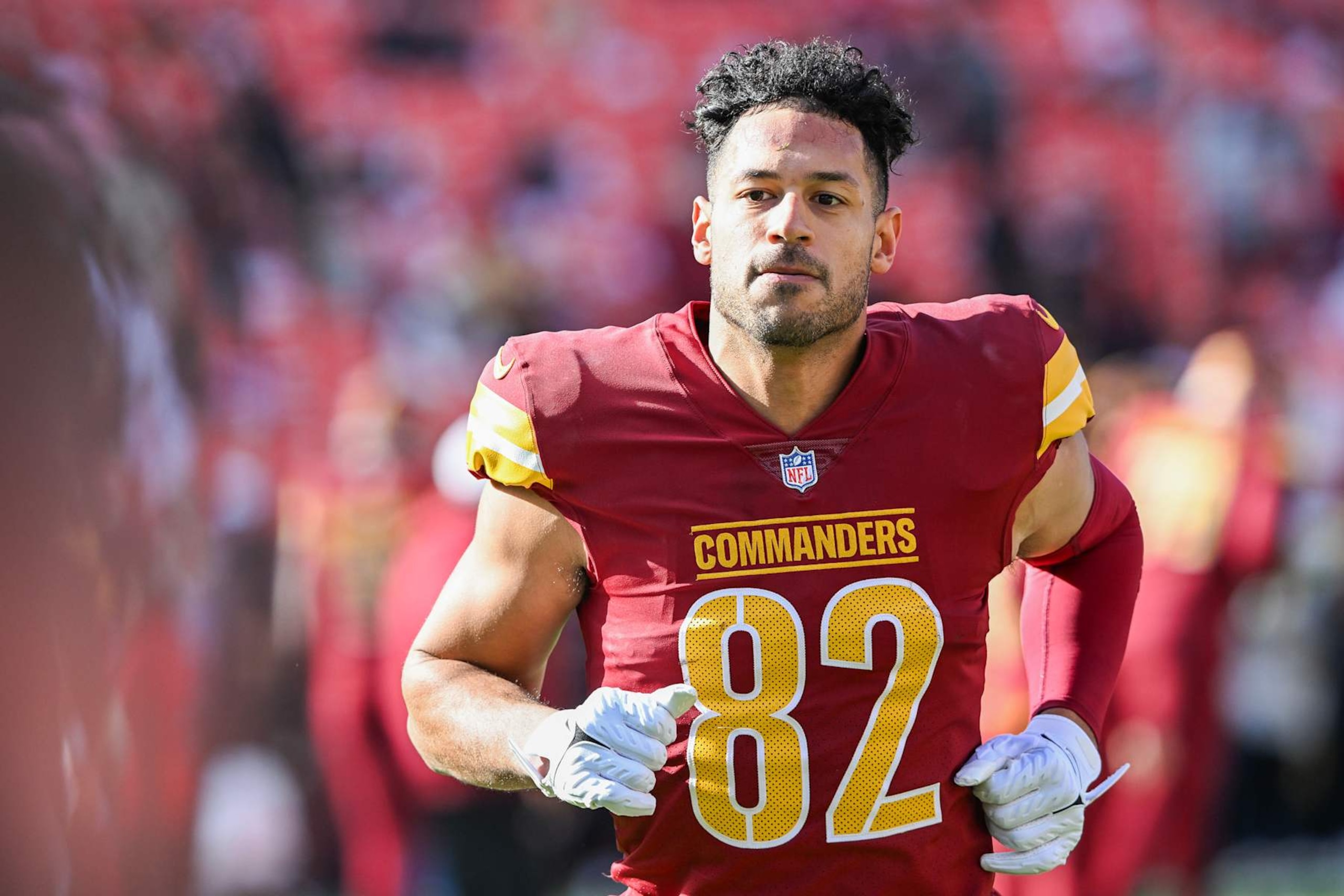 LANDOVER, MARYLAND - DECEMBER 31: Logan Thomas #82 of the Washington Commanders takes the field prior to a game against the San Francisco 49ers at FedExField on December 31, 2023 in Landover, Maryland. (Photo by Greg Fiume/Getty Images)