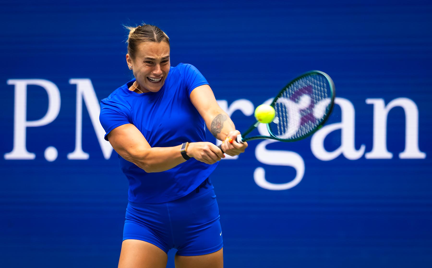 NEW YORK, NEW YORK - AUGUST 22: Aryna Sabalenka during practice ahead of the US Open at USTA Billie Jean King National Tennis Center on August 22, 2024 in New York City (Photo by Robert Prange/Getty Images)