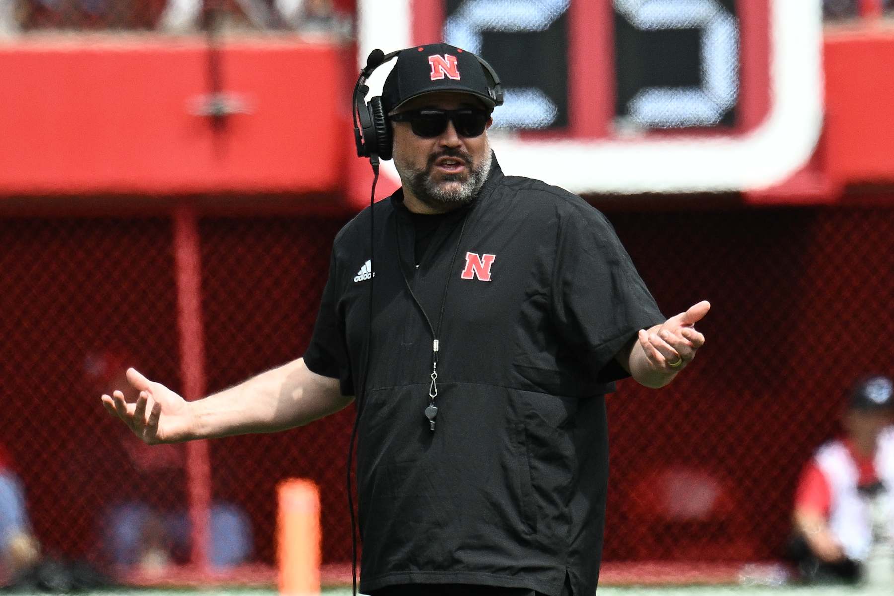 LINCOLN, NEBRASKA - APRIL 27: Head coach Matt Rhule of the Nebraska Cornhuskers reacts to a call at the Nebraska Spring Football Game at Memorial Stadium on April 27, 2024 in Lincoln, Nebraska. (Photo by Steven Branscombe/Getty Images)
