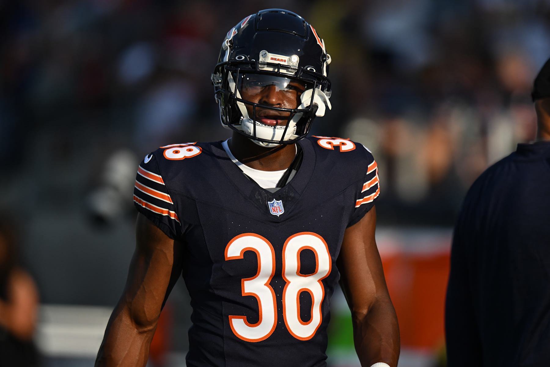 CANTON, OH - AUGUST 01: Chicago Bears DB Douglas Coleman III (38) during warmups for a National Football League preseason game between the Chicago Bears and Houston Texans on August 1, 2024 at Tom Benson Hall of Fame Stadium in Canton, OH. (Photo by James Black/Icon Sportswire via Getty Images)