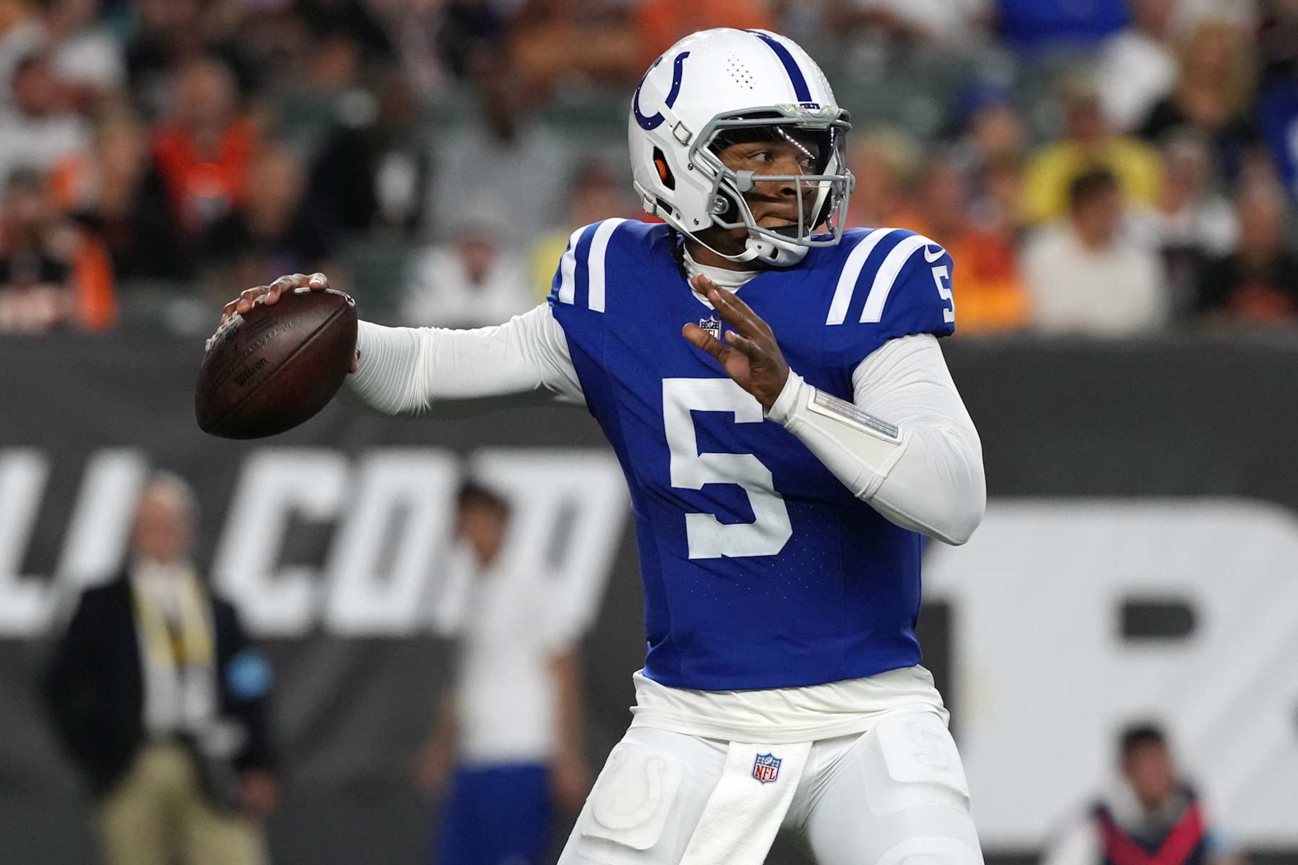 CINCINNATI, OHIO - AUGUST 22: Quarterback Anthony Richardson #5 of the Indianapolis Colts looks to pass the ball during the first quarter of the preseason game against the Cincinnati Bengals at Paycor Stadium on August 22, 2024 in Cincinnati, Ohio. (Photo by Jason Mowry/Getty Images) CINCINNATI, OHIO - AUGUST 22: Quarterback Anthony Richardson #5 of the Indianapolis Colts looks to pass the ball during the first quarter of the preseason game against the Cincinnati Bengals at Paycor Stadium on August 22, 2024 in Cincinnati, Ohio. (Photo by Jason Mowry/Getty Images)