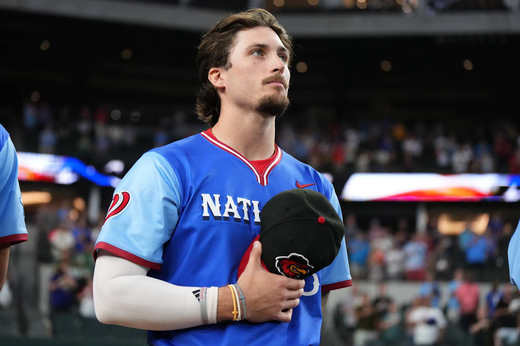 ARLINGTON, TX - JULY 13: Dylan Crews #3 of the Washinton Nationals looks on prior to the 2024 All-Star Futures Game at Globe Life Field on Saturday, July 13, 2024 in Arlington, Texas. (Photo by Sam Hodde/MLB Photos via Getty Images)