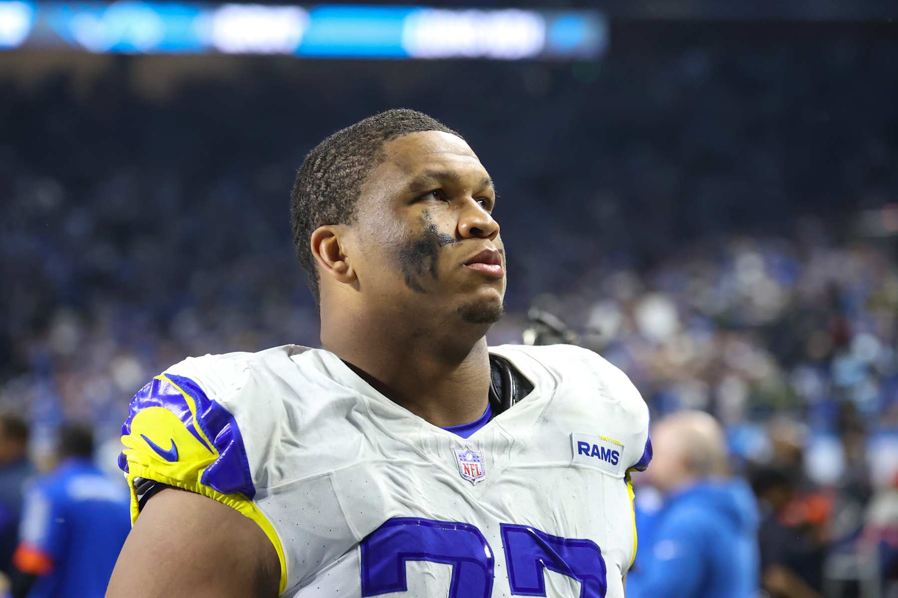 DETROIT, MI - JANUARY 14:  Los Angeles Rams offensive tackle Alaric Jackson (77) walks off of the field at the conclusion of an NFL NFC Wild Card playoff football game between the Los Angeles Rams and the Detroit Lions on January 14, 2024 at Ford Field in Detroit, Michigan.  (Photo by Scott W. Grau/Icon Sportswire via Getty Images)