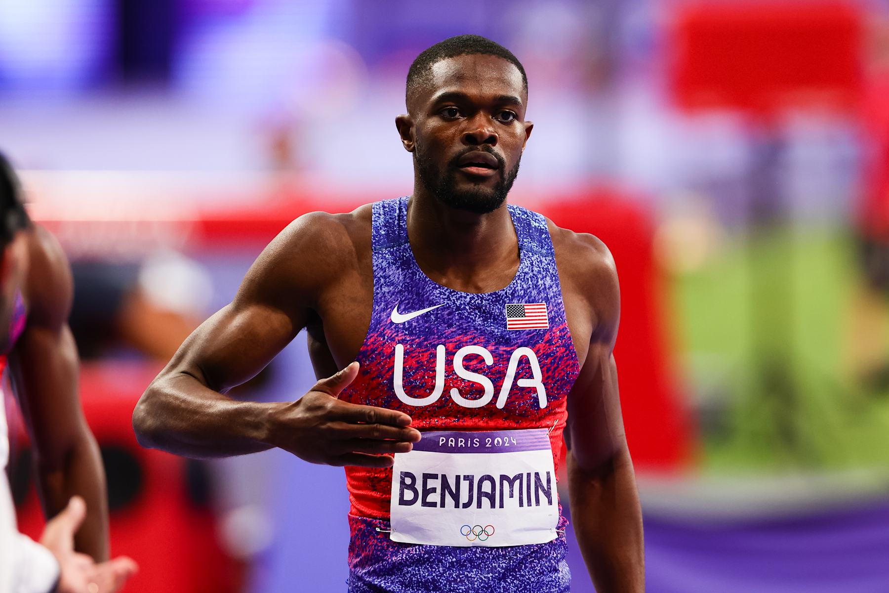 PARIS, FRANCE - AUGUST 10: Rai Benjamin of USA runs the anchor leg and wins Gold for team USA during the Men's 4 x 400m Relay Final, Paris 2024 Olympic Games  at the Stade de France on August 10, 2024 in Paris, France. (Photo by Pete Dovgan/Speed Media/Icon Sportswire via Getty Images)