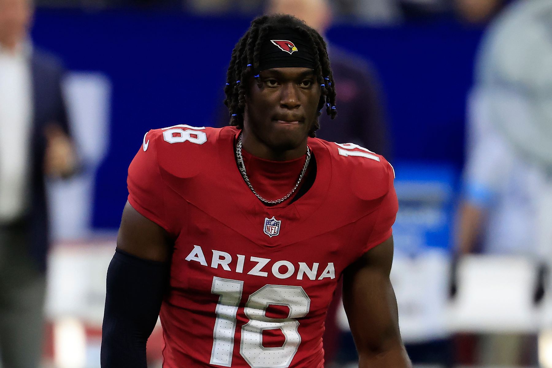 INDIANAPOLIS, INDIANA - AUGUST 17: Marvin Harrison Jr. #18 of the Arizona Cardinals warms up prior to the game against the Indianapolis Colts at Lucas Oil Stadium on August 17, 2024 in Indianapolis, Indiana. (Photo by Justin Casterline/Getty Images)