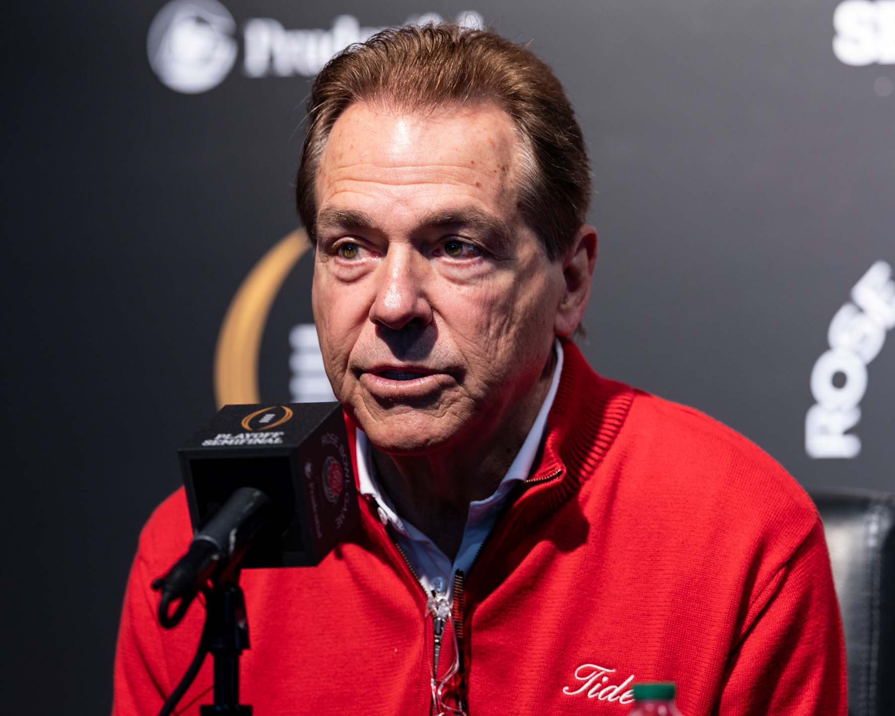 PASADENA, CA - DECEMBER 30: Head Coach Nick Saban of the Alabama Crimson Tide during media day at the Rose Bowl on December 30, 2023 in Pasadena, California. (Photo by Steve Limentani/ISI Photos/Getty Images)