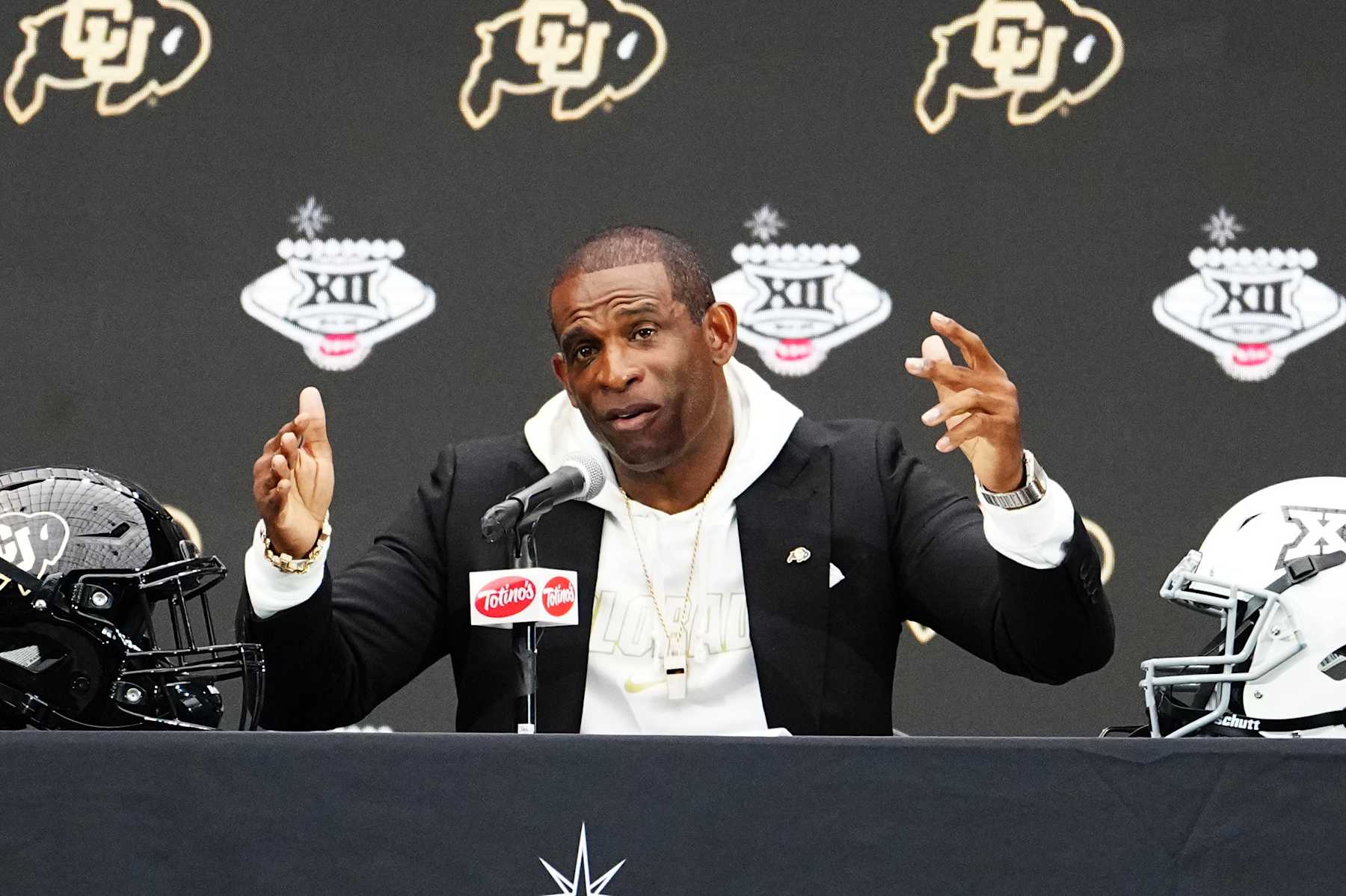 LAS VEGAS, NEVADA - JULY 10: Head Coach Deion Sanders of the Colorado Buffaloes speaks at the 2024 Big 12 Conference Football Media Day at Allegiant Stadium on July 10, 2024 in Las Vegas, Nevada. (Photo by Louis Grasse/Getty Images)