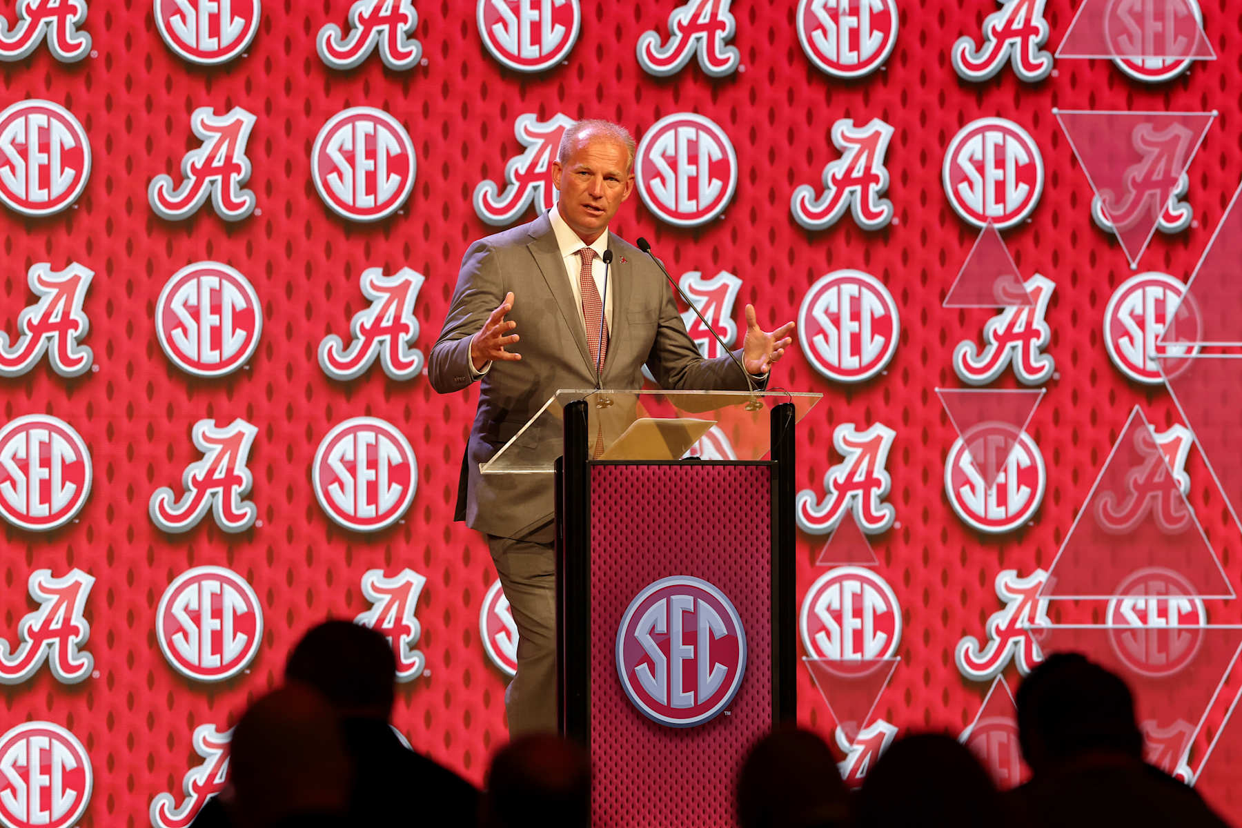 DALLAS, TEXAS - JULY 17: Head coach Kalen DeBoer of the Alabama Crimson Tide speaks during SEC Football Media Days at Omni Dallas Hotel on July 17, 2024 in Dallas, Texas.  (Photo by Tim Warner/Getty Images)