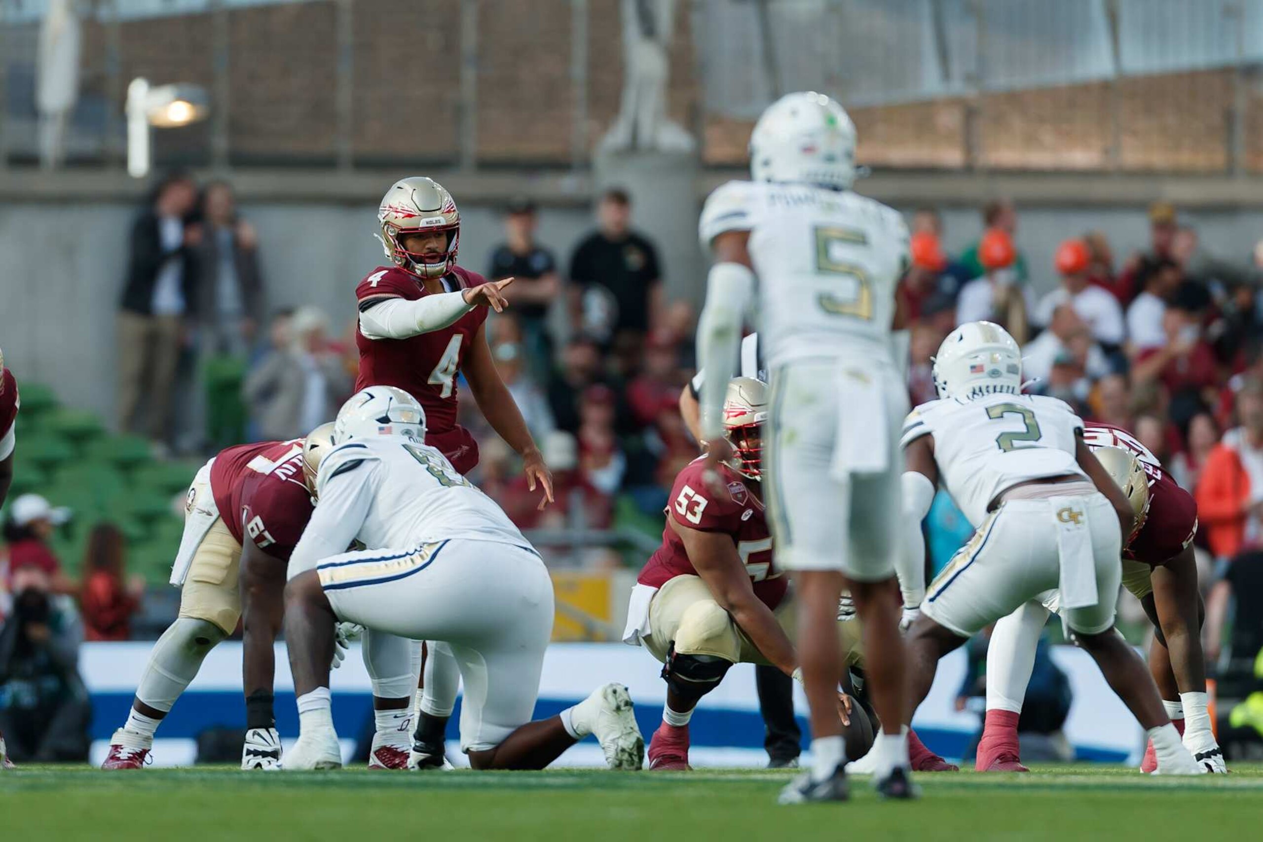 Dublin, Ireland - August 24: DJ Uiagalelei of Florida State Seminoles gestures during the 2024 Aer Lingus College Football Classic match between Florida State and Georgia Tech at Aviva Stadium on August 24, 2024 in Dublin, Ireland. (Photo by Mario Hommes/DeFodi Images via Getty Images)