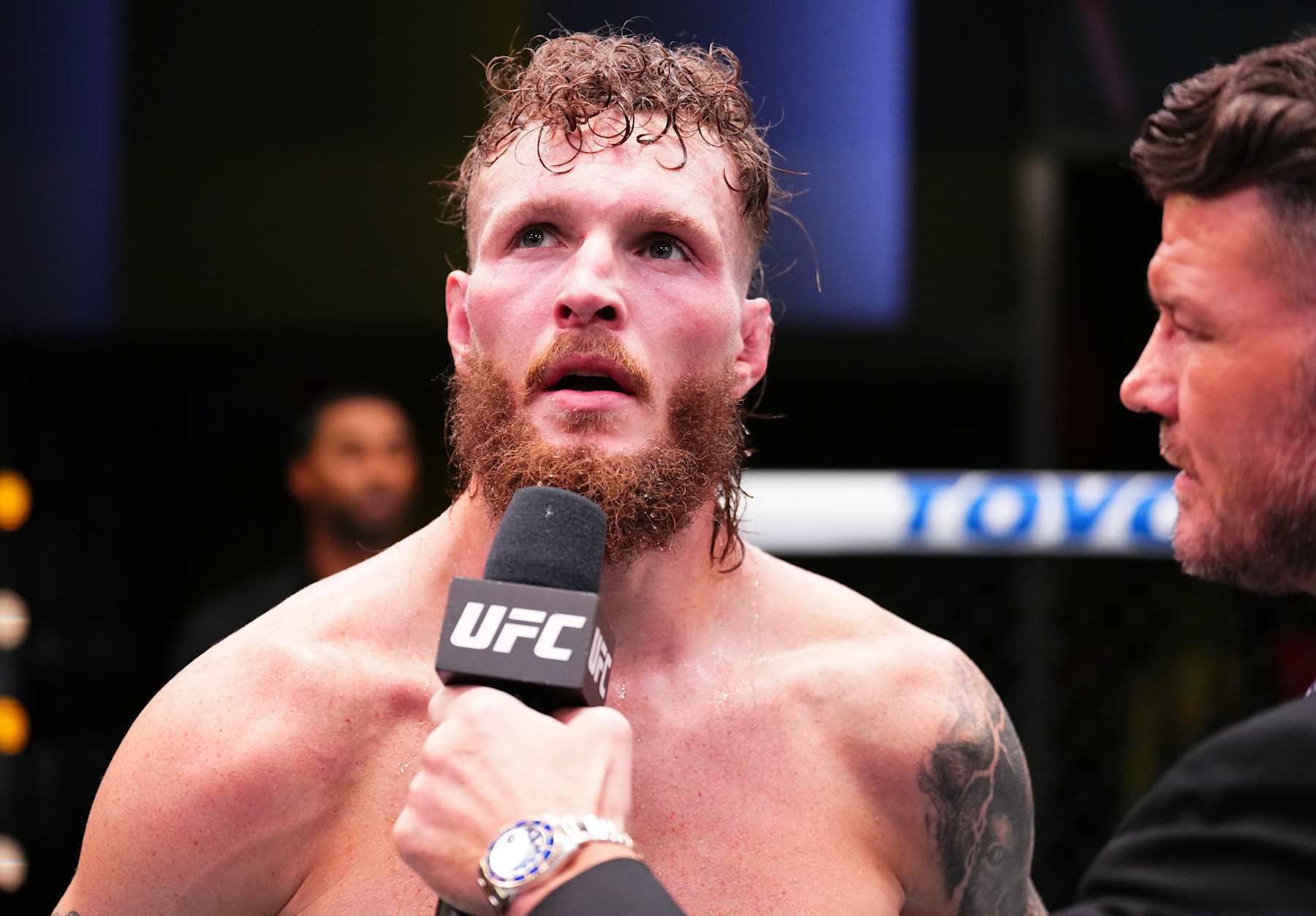 LAS VEGAS, NEVADA - AUGUST 24: Zachary Reese reacts after his victory against Jose Daniel Medina of Bolivia in a middleweight fight during the UFC Fight Night event at UFC APEX on August 24, 2024 in Las Vegas, Nevada. (Photo by Chris Unger/Zuffa LLC)