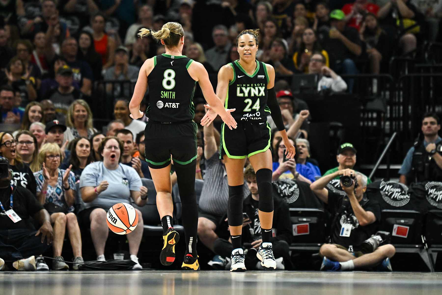 MINNEAPOLIS, MINNESOTA - AUGUST 24: Napheesa Collier #24 and Alanna Smith #8 of the Minnesota Lynx celebrate after a play in the first quarter of the game against the Indiana Fever at Target Center on August 24, 2024 in Minneapolis, Minnesota. NOTE TO USER: User expressly acknowledges and agrees that, by downloading and or using this photograph, User is consenting to the terms and conditions of the Getty Images License Agreement. (Photo by Stephen Maturen/Getty Images)