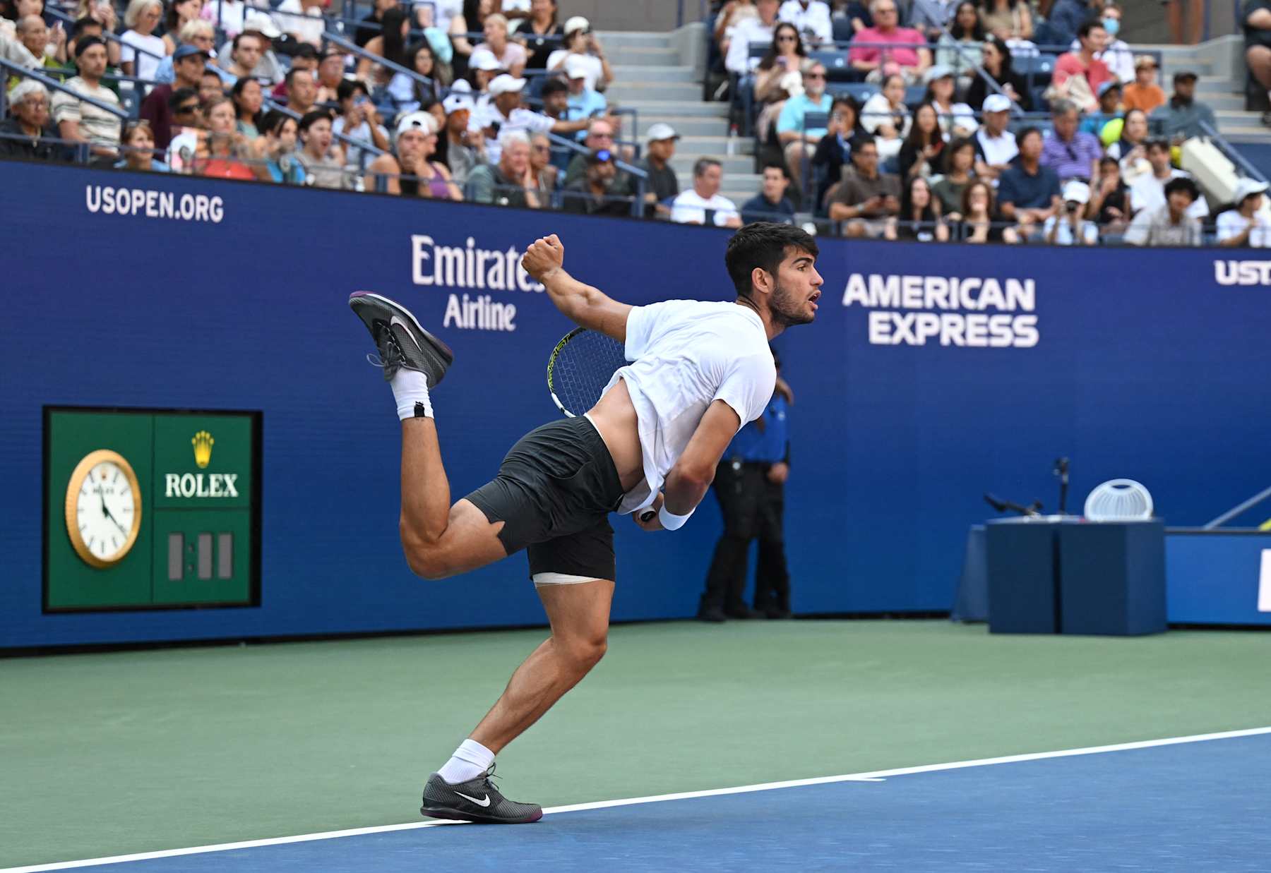 Carlos Alcaraz of Spain practices on August 22, 2024, ahead of the 2024 US Tennis Open at the USTA Billie Jean King National Tennis Center in New York. (Photo by TIMOTHY A. CLARY / AFP) (Photo by TIMOTHY A. CLARY/AFP via Getty Images)