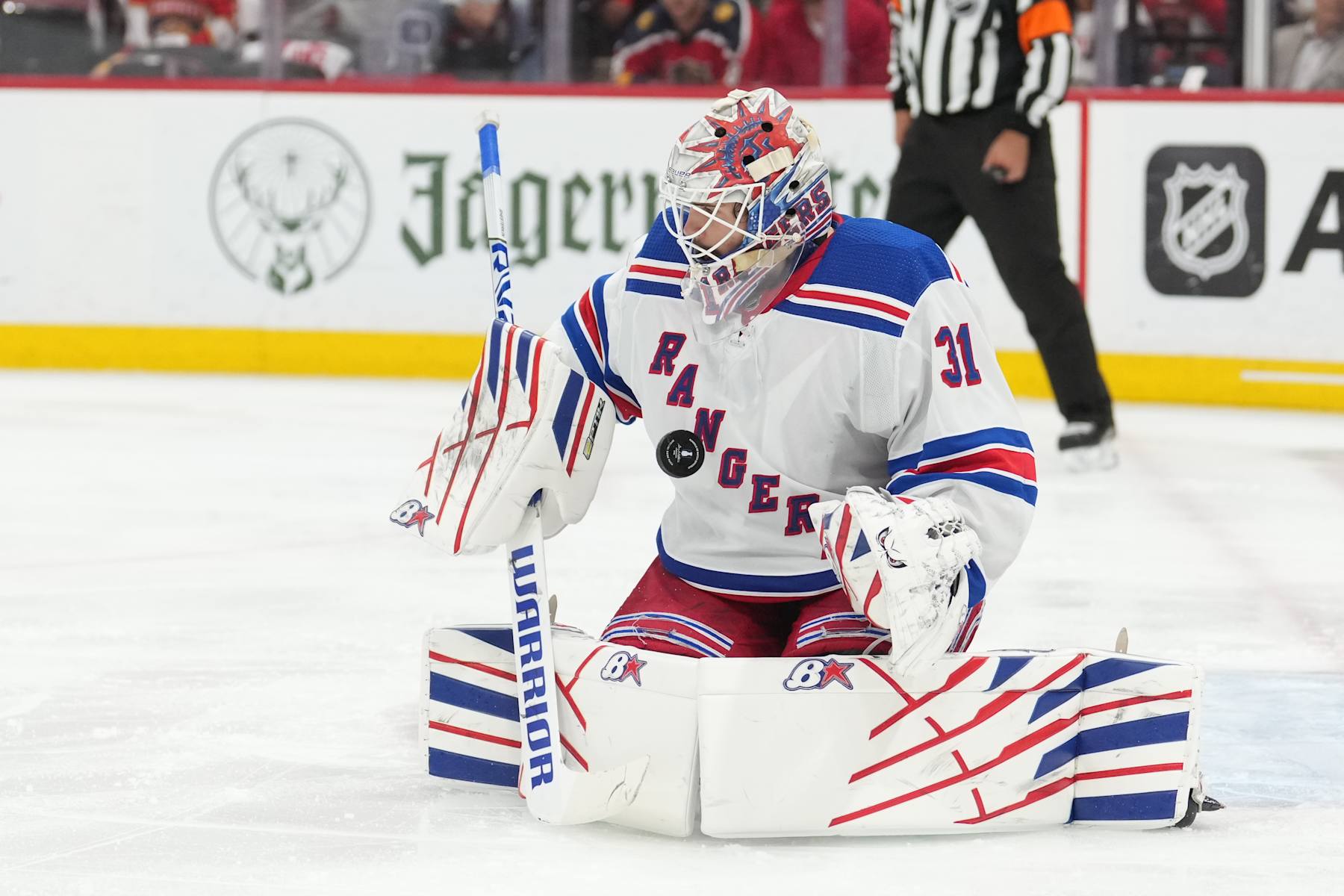 SUNRISE, FL - JUNE 01: New York Rangers goaltender Igor Shesterkin (31) makes a save in the second period during game six of the Eastern Conference Finals between the New York Ranges and the Florida Panthers on Saturday, June 1, 2024 at Amerant Bank Arena in Sunrise, Fla. (Photo by Peter Joneleit/Icon Sportswire via Getty Images)