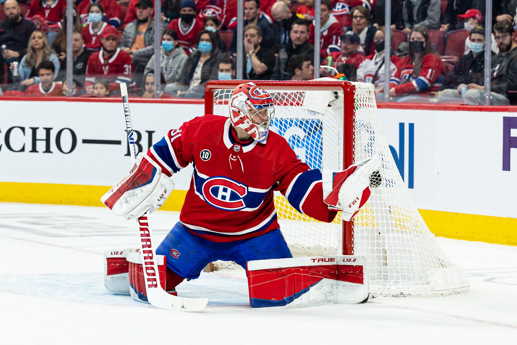 MONTREAL, QC - APRIL 29: Goaltender Carey Price #31 of the Montreal Canadiens makes a glove save against the Florida Panthers in the NHL game at the Bell Centre on April 29, 2022 in Montreal, Quebec, Canada. (Photo by Vitor Munhoz/NHLI via Getty Images)