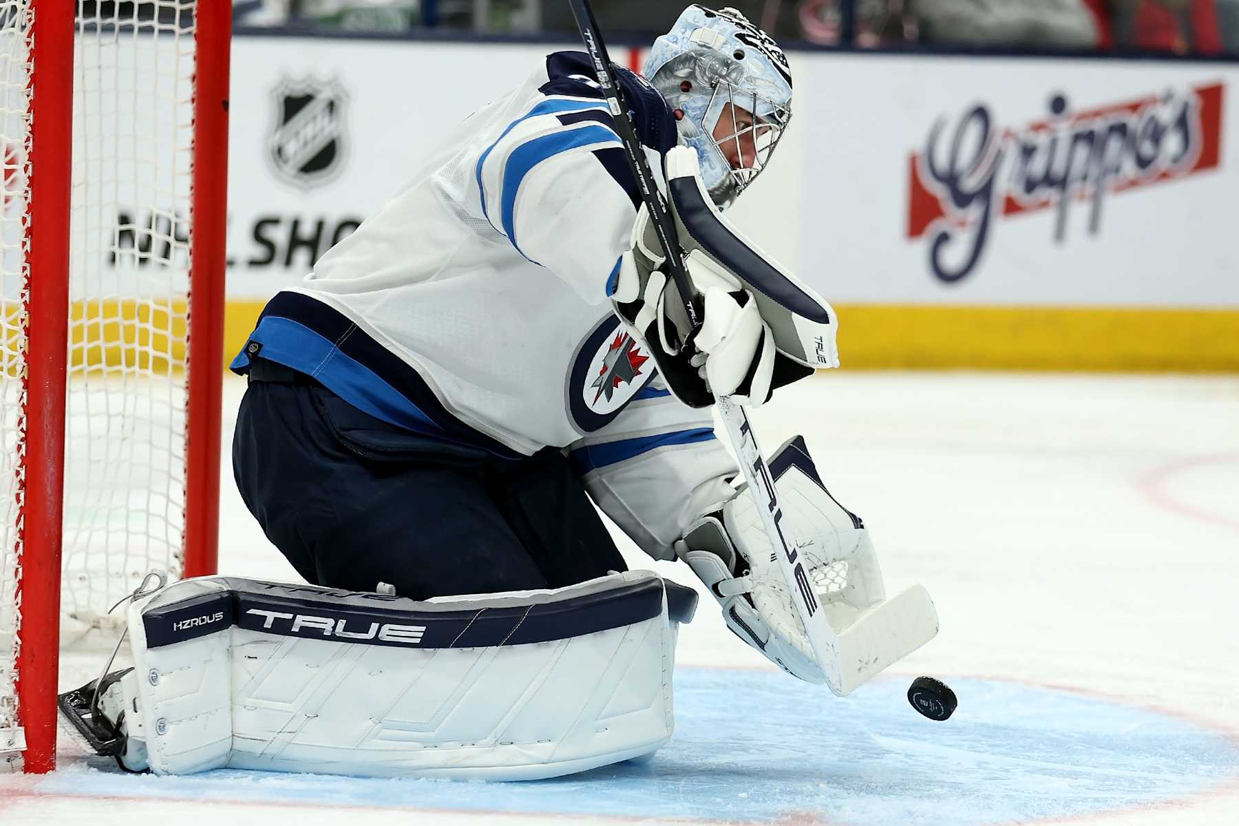 COLUMBUS, OHIO - MARCH 17: Connor Hellebuyck #37 of the Winnipeg Jets makes a save during the game against the Columbus Blue Jackets at Nationwide Arena on March 17, 2024 in Columbus, Ohio. (Photo by Kirk Irwin/Getty Images)