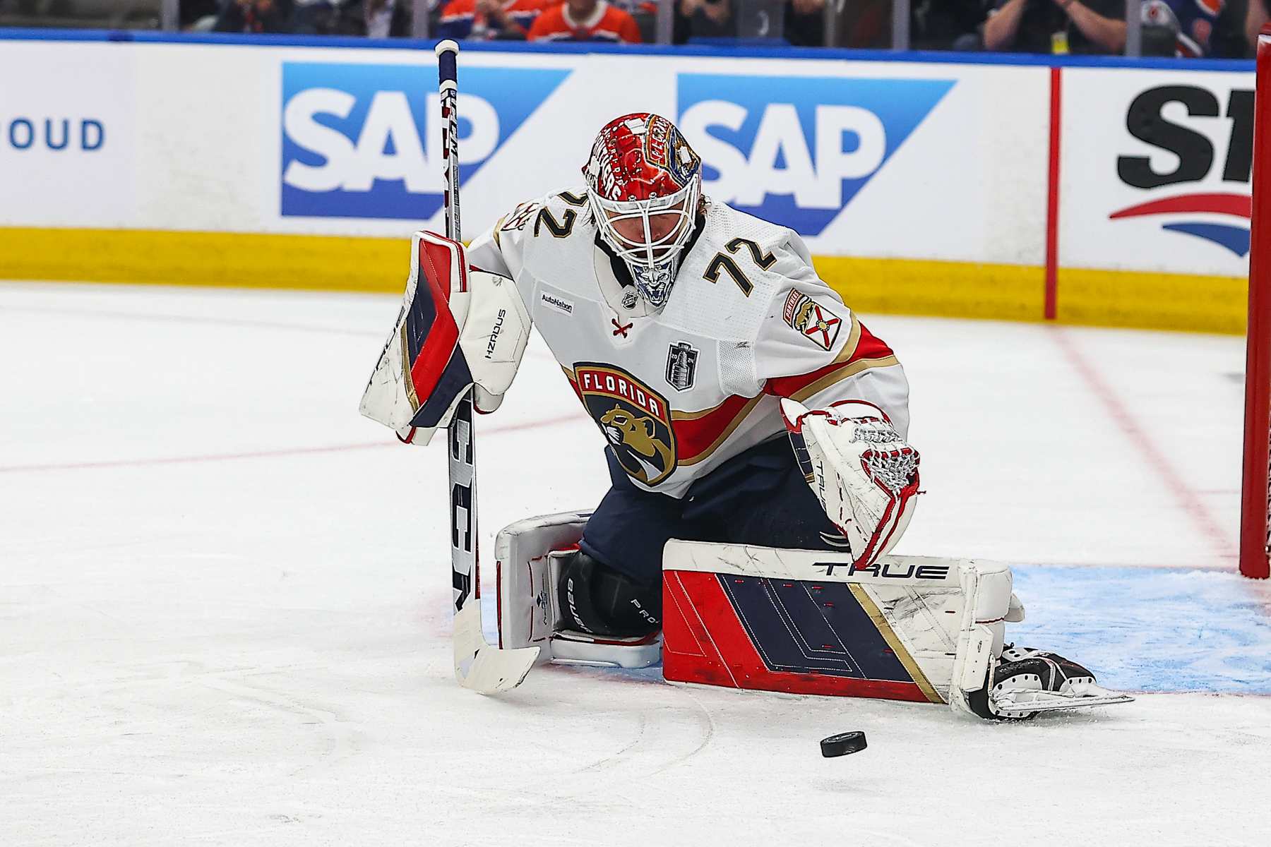 EDMONTON, AB - JUNE 21 : Florida Panthers Goalie Sergei Bobrovsky (72) makes a save in the first period of game four of the Stanley Cup Final Round Edmonton Oilers game versus the Florida Panthers on June 21, 2024 at Rogers Place in Edmonton, AB. (Photo by Curtis Comeau/Icon Sportswire via Getty Images)