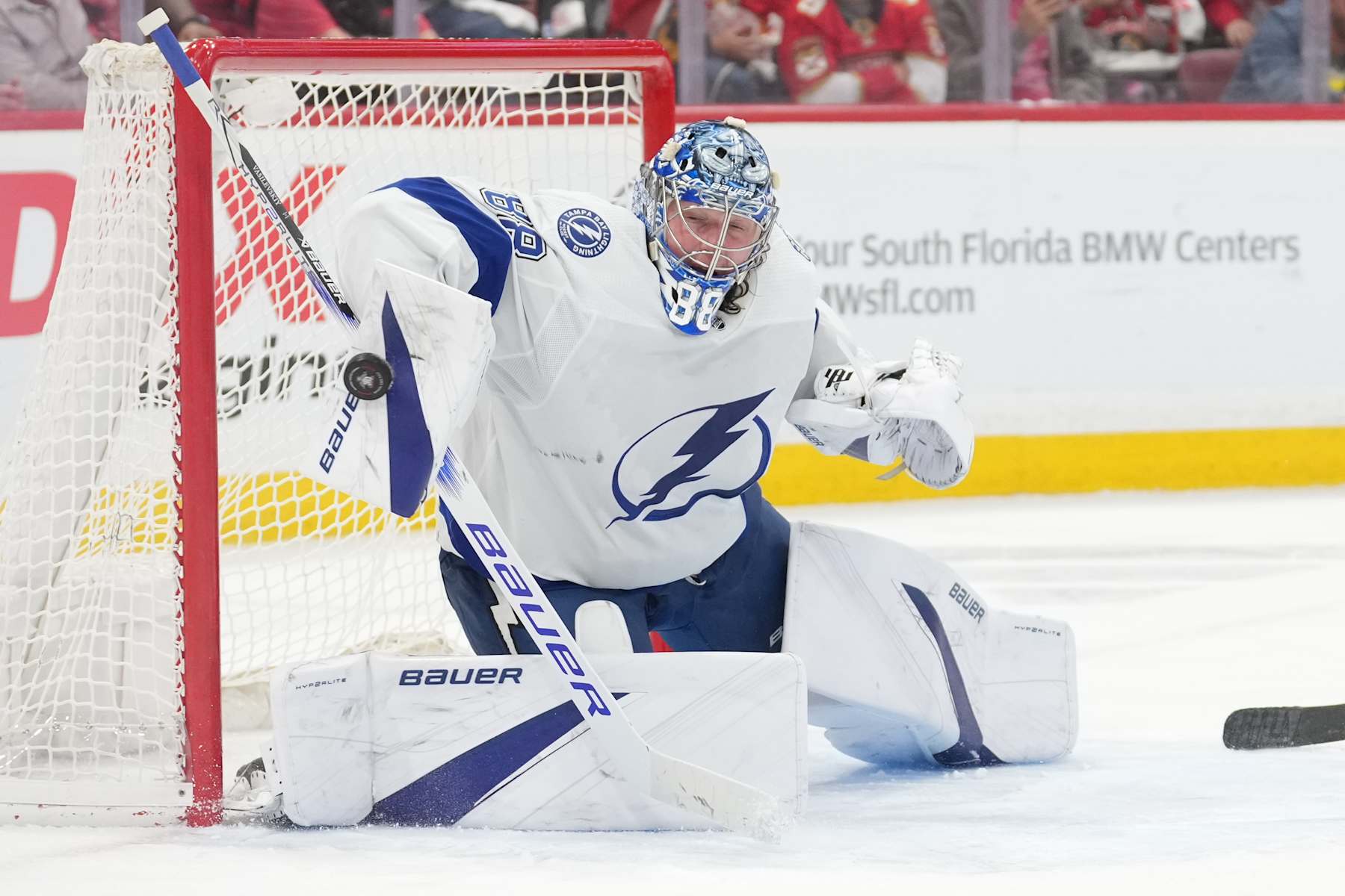 SUNRISE, FL - APRIL 29: Tampa Bay Lightning goaltender Andrei Vasilevskiy (88) makes a save in the second period during game four of the Eastern Conference First Round between the Tampa Bay Lightning and the Florida Panthers at Amerant Bank Arena, Sunrise, Fla. (Photo by Peter Joneleit/Icon Sportswire via Getty Images)