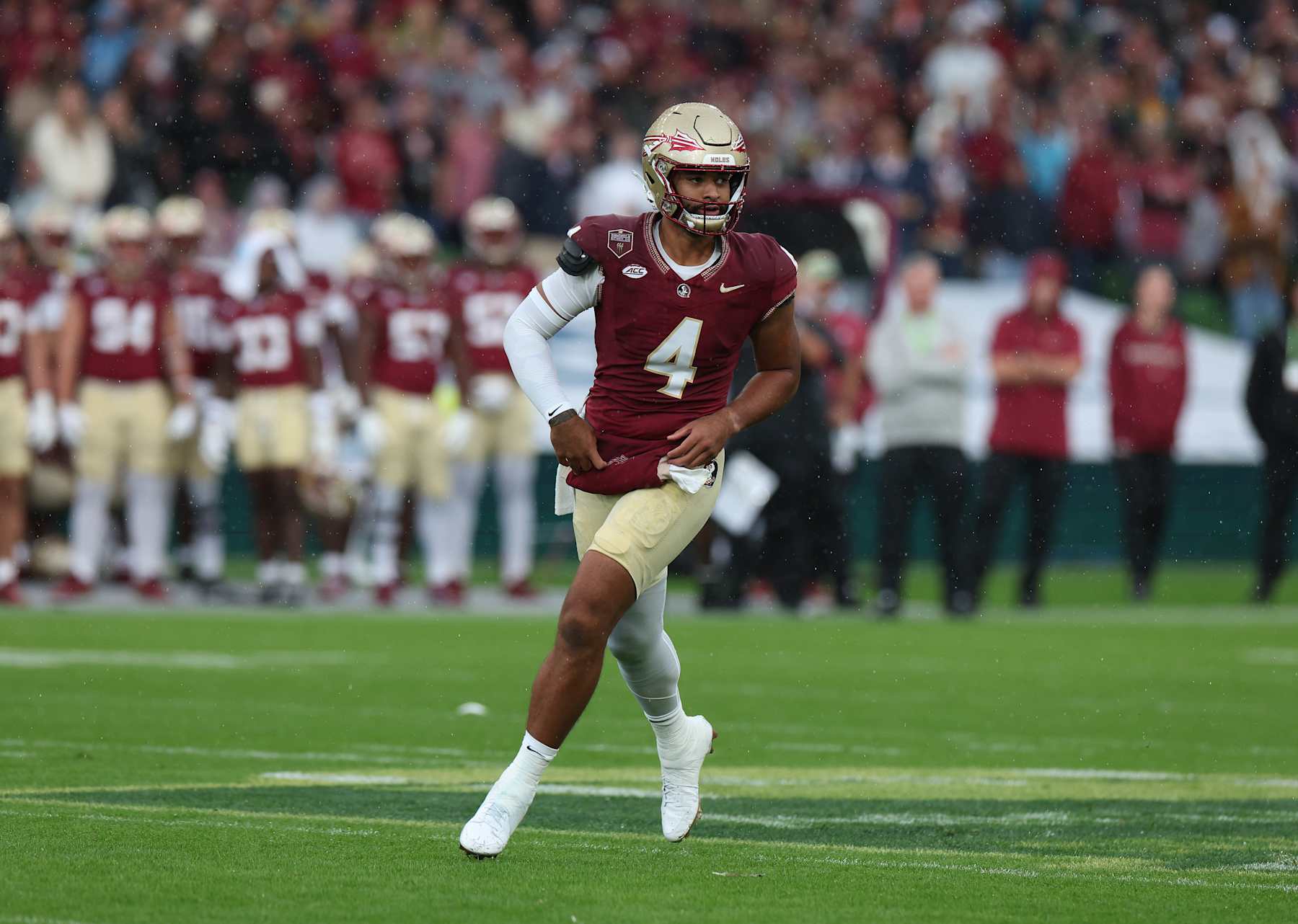 DUBLIN, IRELAND - AUGUST 24: DJ Uiagalelei of the Florida State Seminoles reacts during the Aer Lingus College Football Classic game at Aviva Stadium on August 24, 2024 in Dublin, Ireland. (Photo by Charles McQuillan/Getty Images)
