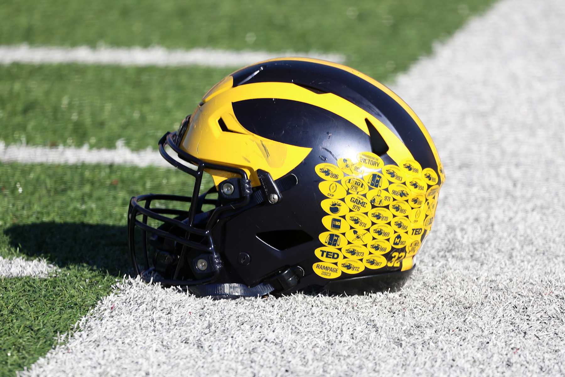 MOBILE, AL - JANUARY 31: A general view of a Michigan Wolverines helmet during the National team practice for the Reese's Senior Bowl on January 31, 2024 at Hancock Whitney Stadium in Mobile, Alabama.  (Photo by Michael Wade/Icon Sportswire via Getty Images)