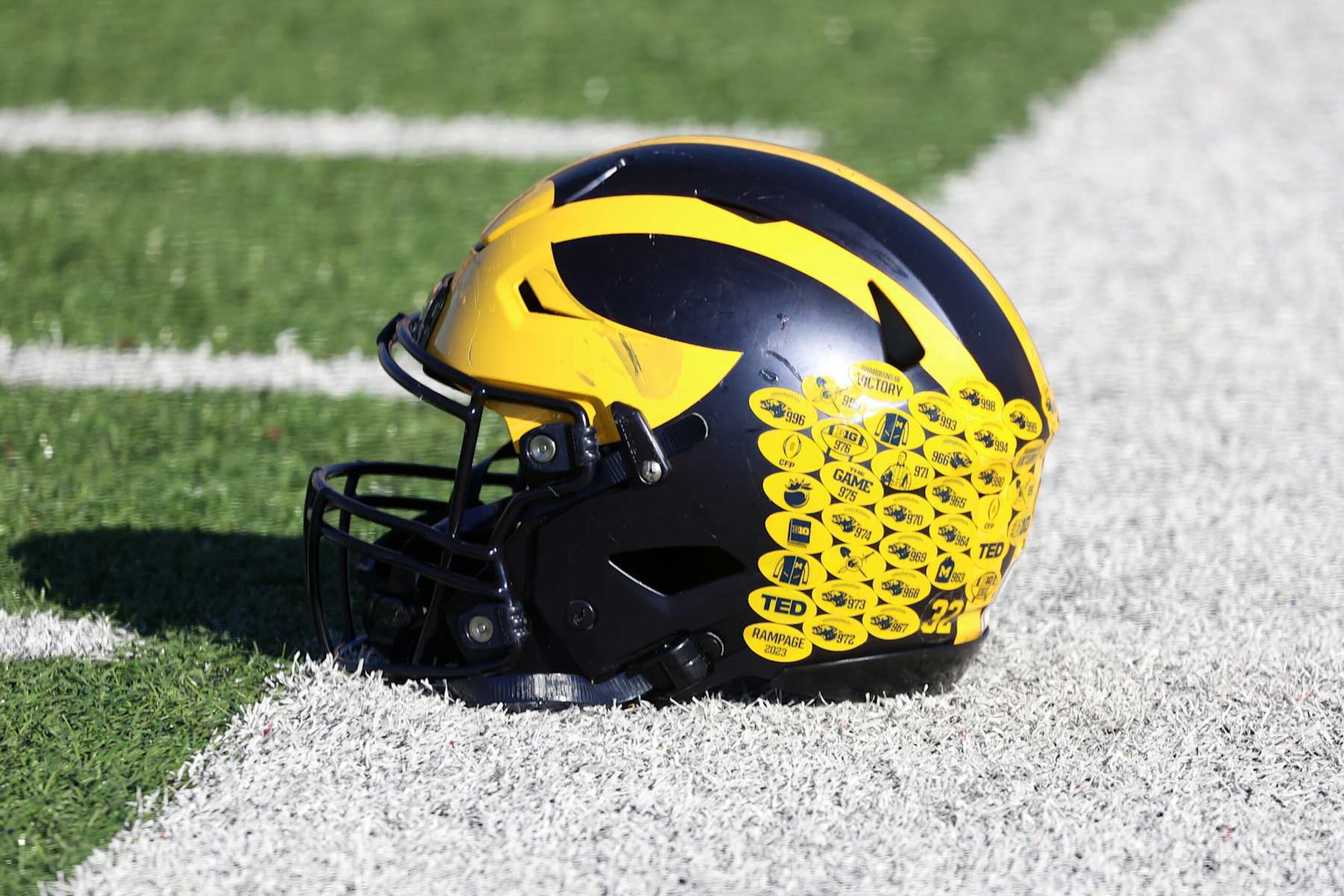 MOBILE, AL - JANUARY 31: A general view of a Michigan Wolverines helmet during the National team practice for the Reese's Senior Bowl on January 31, 2024 at Hancock Whitney Stadium in Mobile, Alabama.  (Photo by Michael Wade/Icon Sportswire via Getty Images)