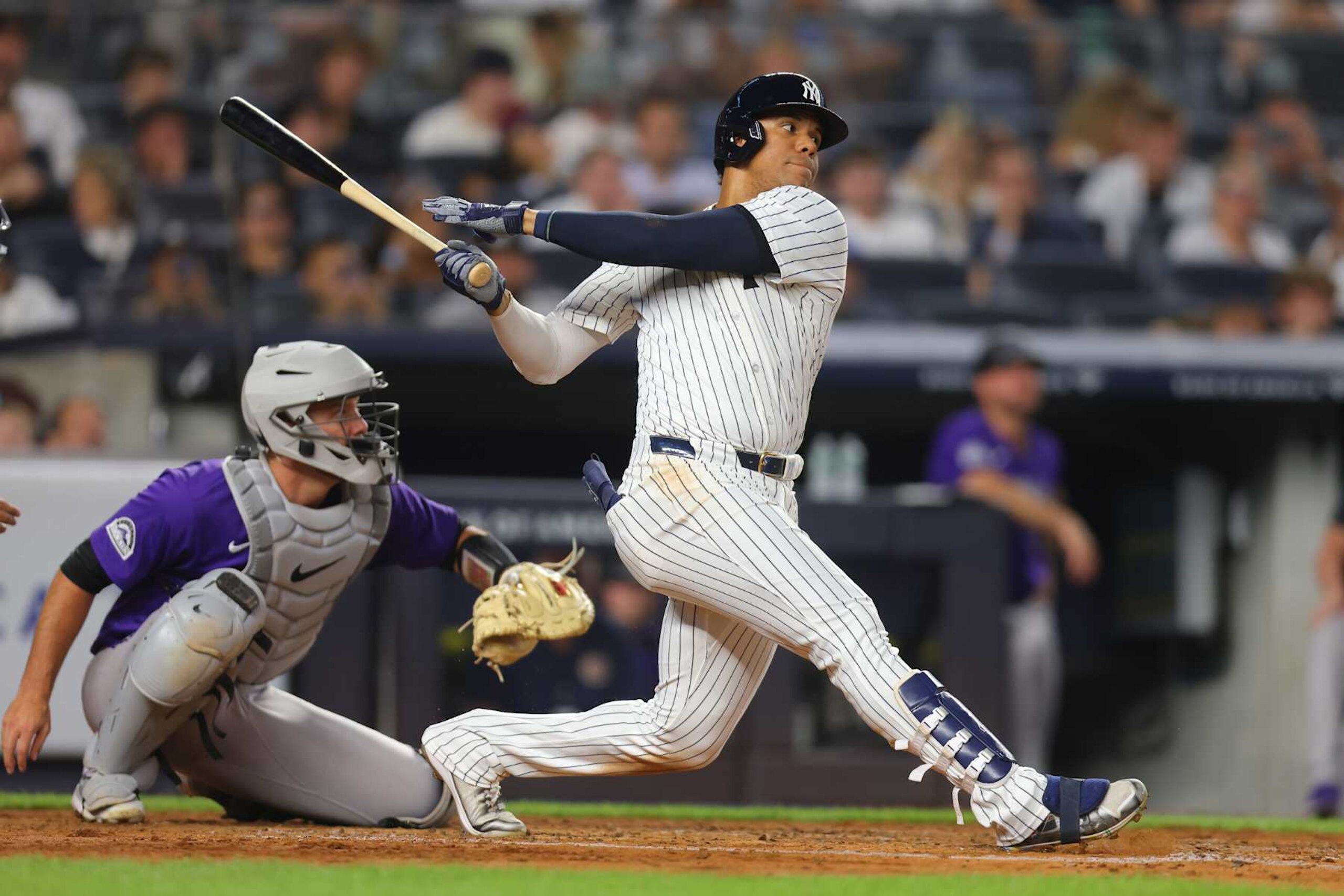 NEW YORK, NEW YORK - AUGUST 23: Juan Soto #22 of the New York Yankees in action against the Colorado Rockies at Yankee Stadium on August 23, 2024 in New York City. New York Yankees defeated the Colorado Rockies 3-0. (Photo by Mike Stobe/Getty Images) NEW YORK, NEW YORK - AUGUST 23: Juan Soto #22 of the New York Yankees in action against the Colorado Rockies at Yankee Stadium on August 23, 2024 in New York City. New York Yankees defeated the Colorado Rockies 3-0. (Photo by Mike Stobe/Getty Images)